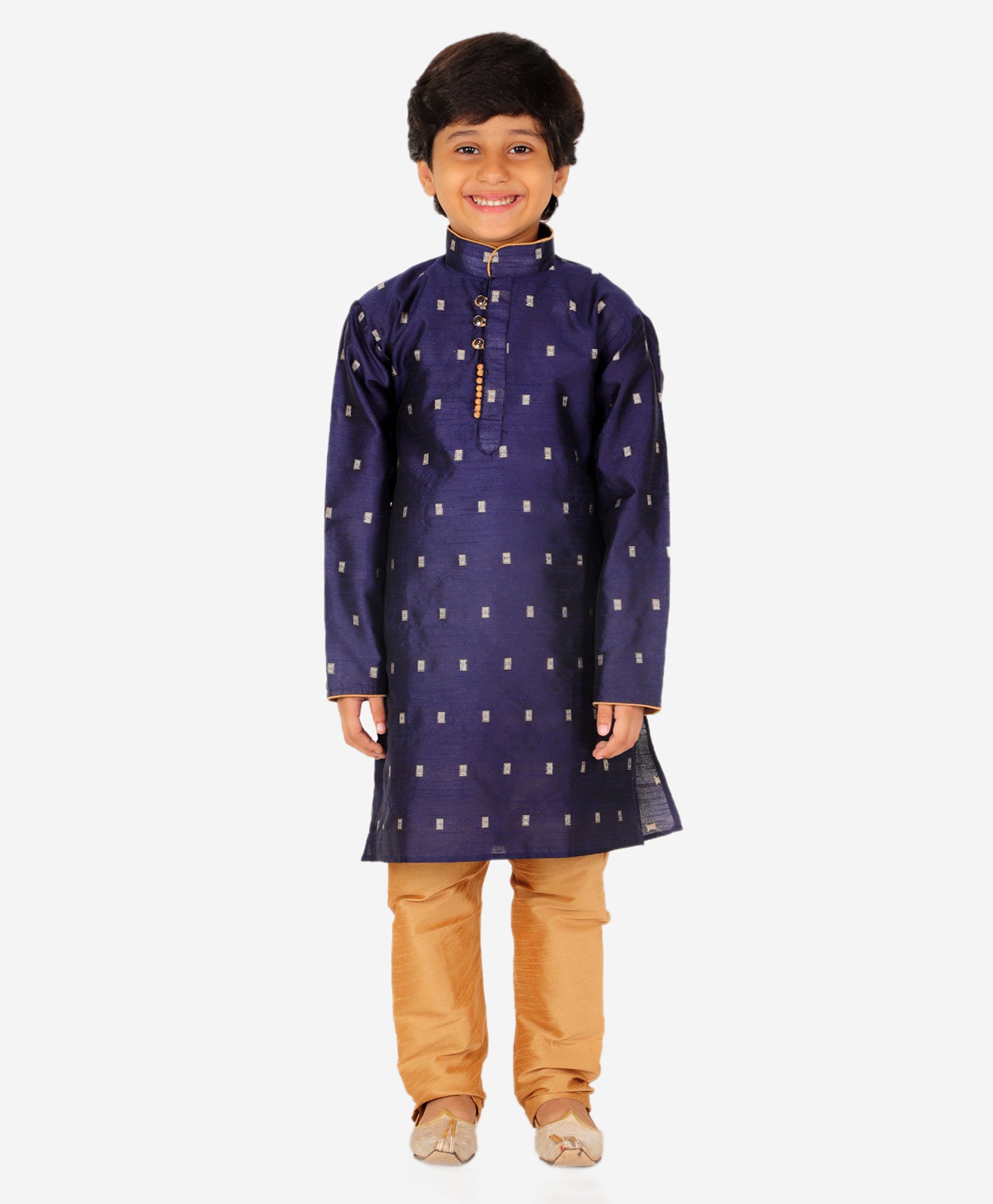 P-MARK Full Sleeves Block Motif Printed Silk Kurta Pajama Set  - Navy Blue-image-11