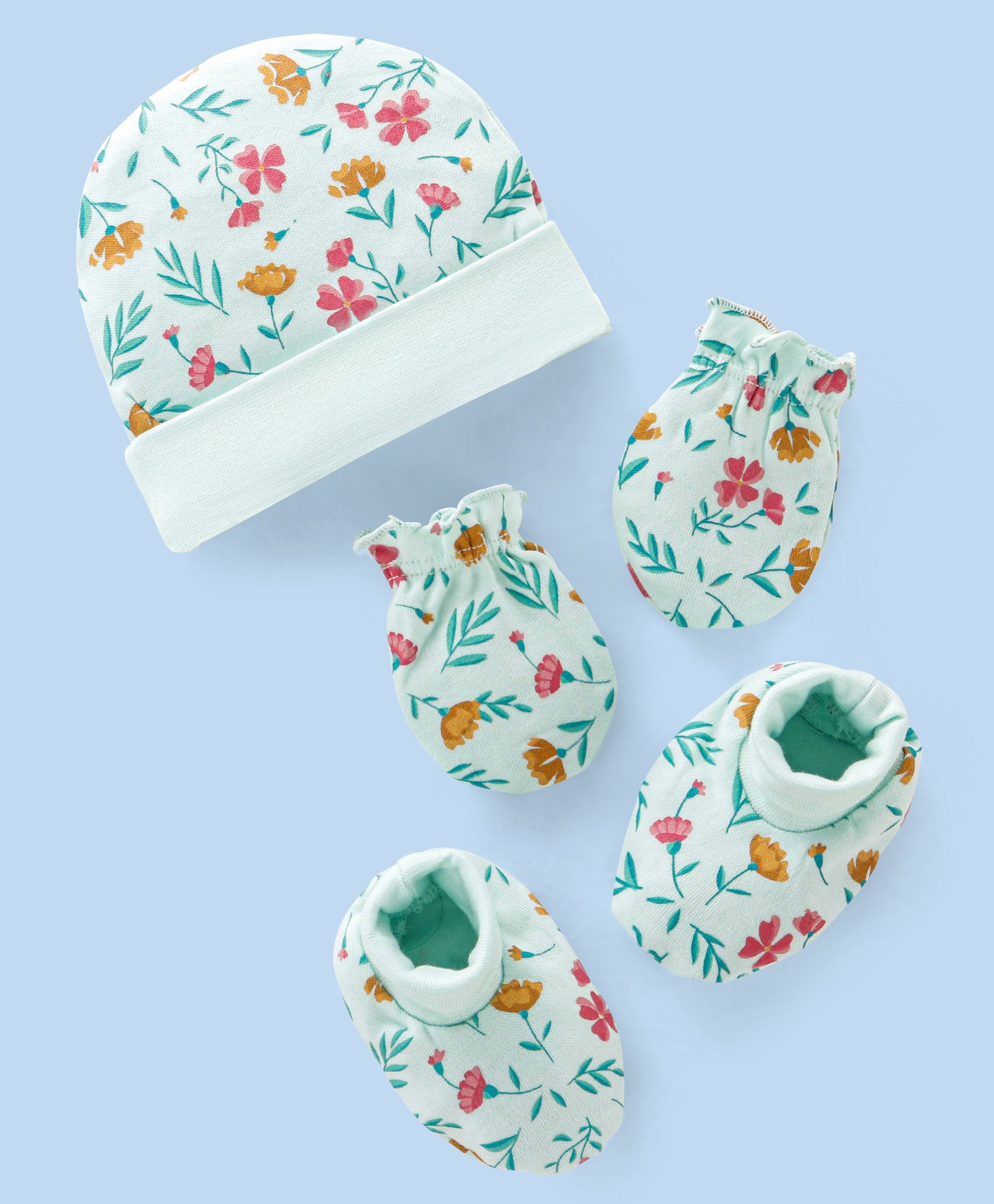 Babyhug 100% Cotton Cap Mittens And Booties Floral Print - Blue-image-30