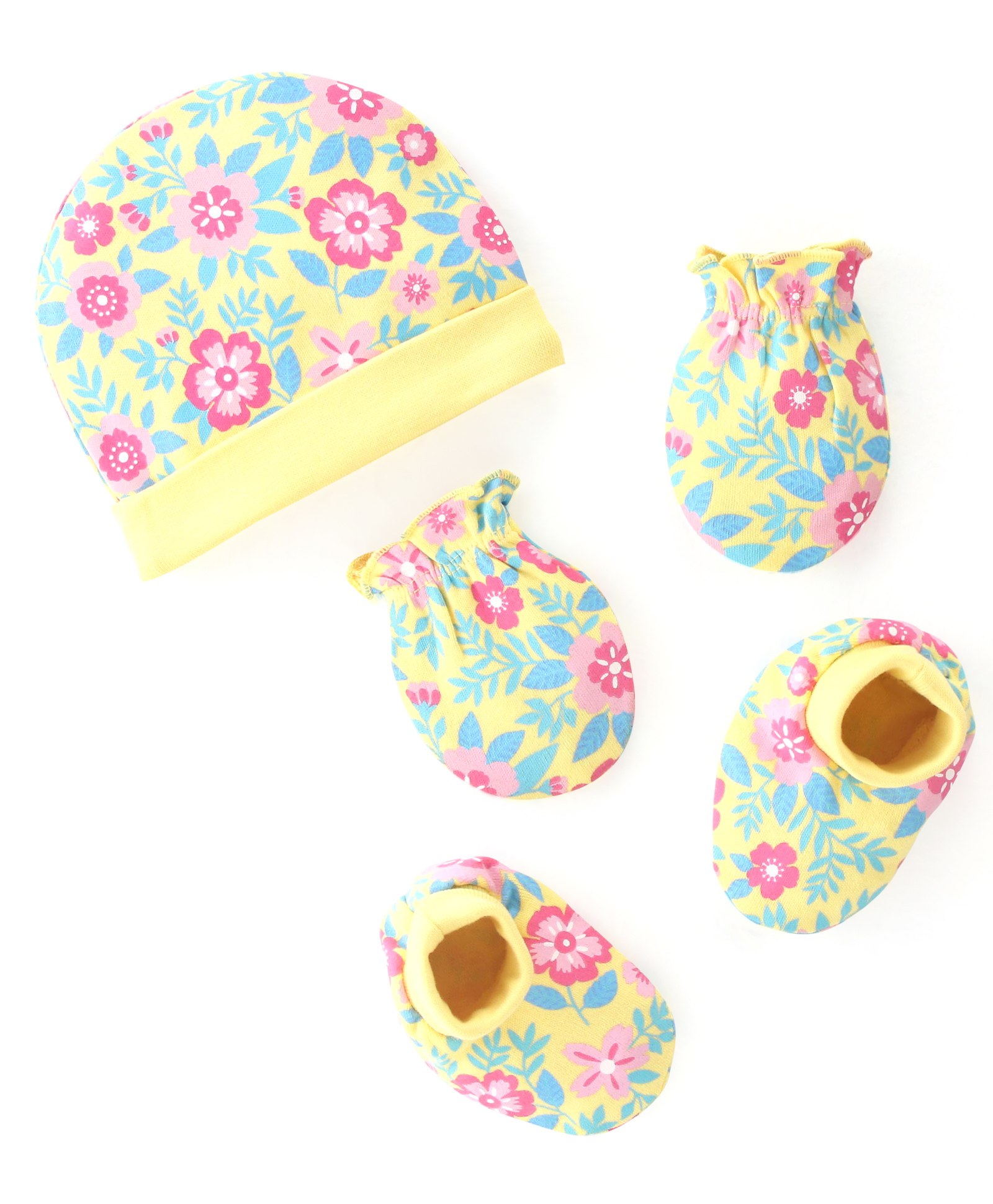 Babyhug 100% Cotton Cap Mittens & Booties Floral Print- Yellow-picture-17