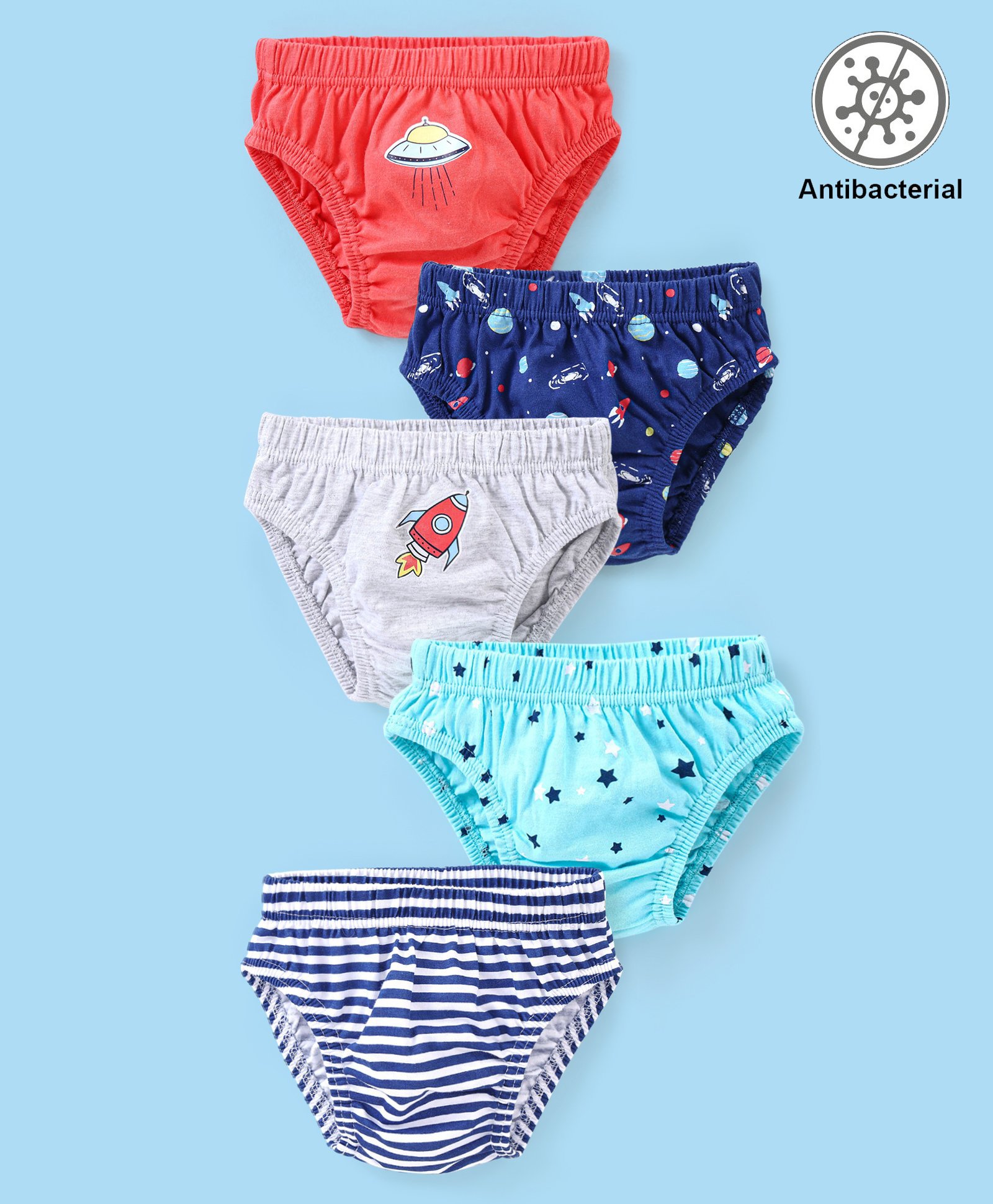Babyhug 100% Cotton Antibacterial Space Print Briefs Pack of 5 - Blue & Red-image-39
