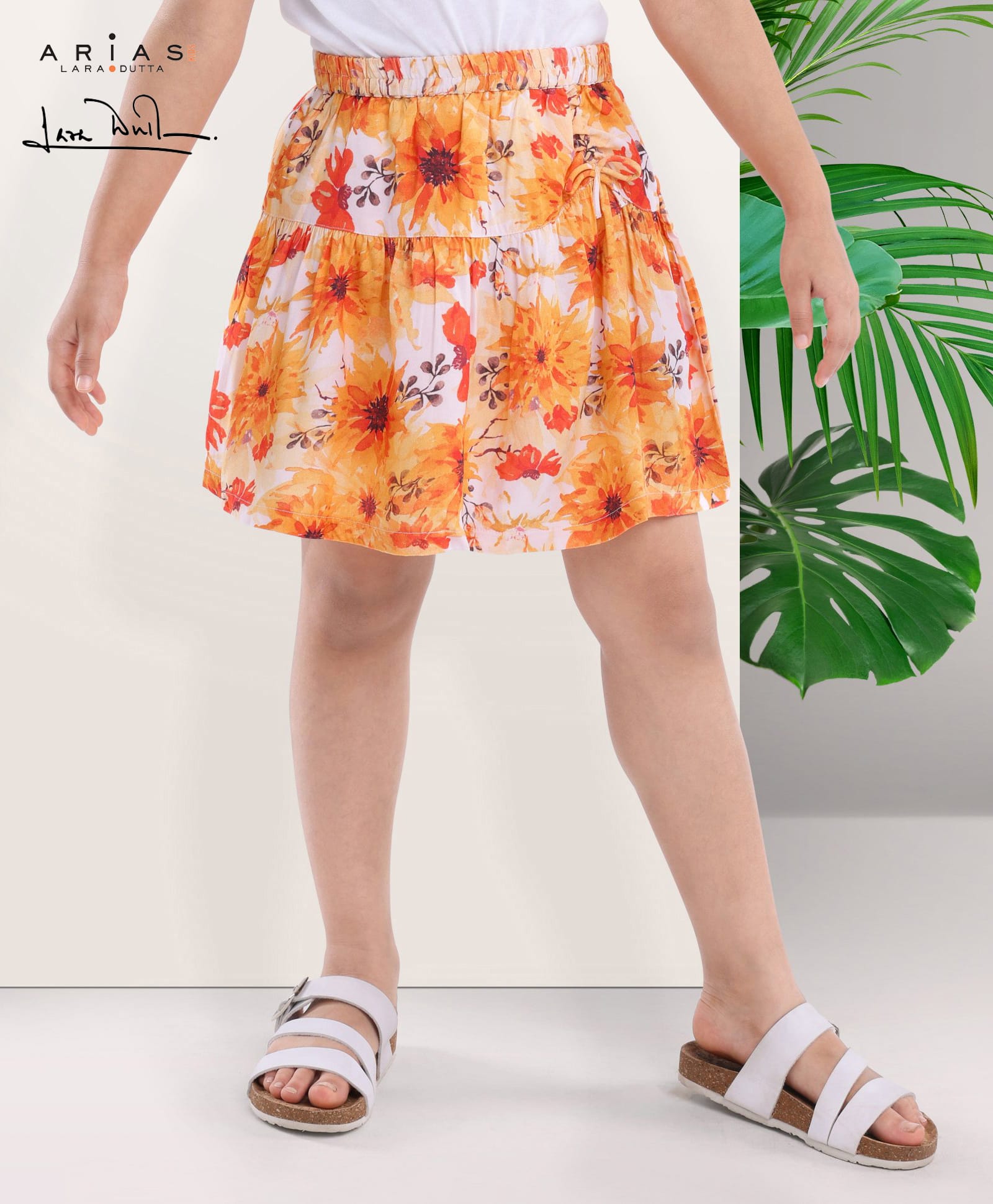 Arias Woven Printed Knee Length Tiered Skirt With Lining And Ruching Tie Up Detail- Orange-image-5