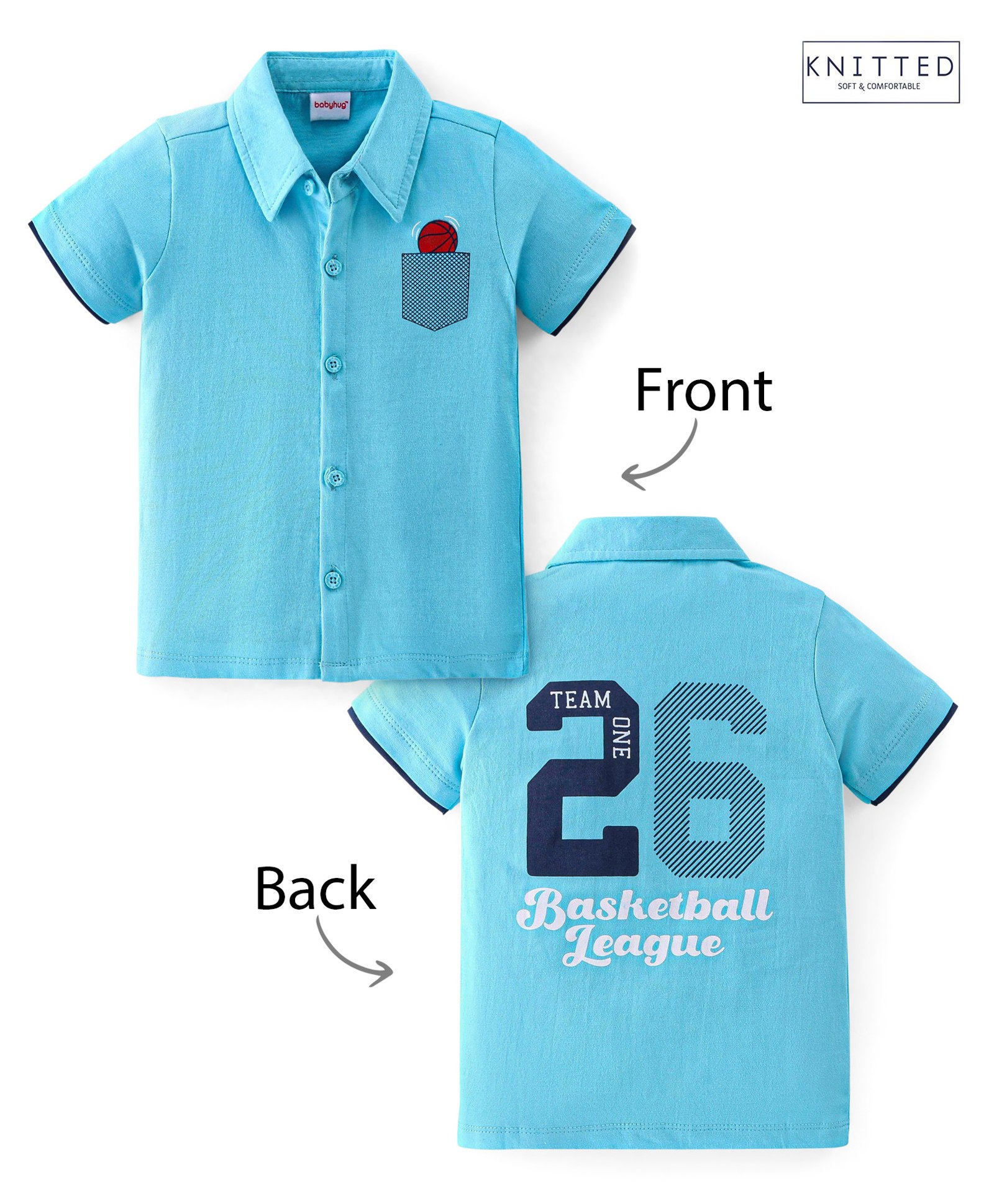 Babyhug 100% Cotton Knit Half Sleeves Shirt Basketball Embroidery - Blue-picture-11