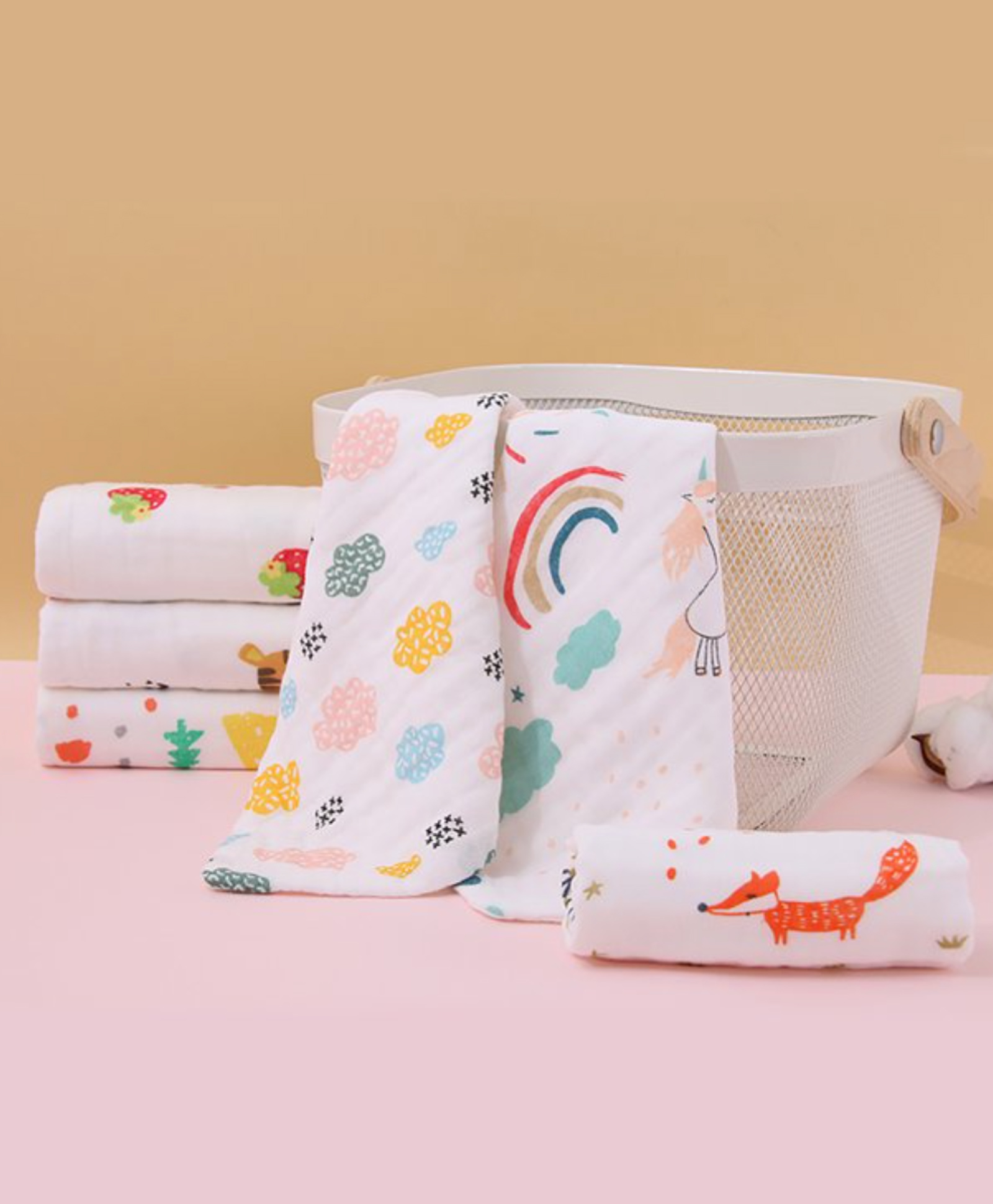 Elementary Reusable Muslin Cotton Square Nappy Set Large Pack of 4 - Multicolor (Assorted Designs)-image-47