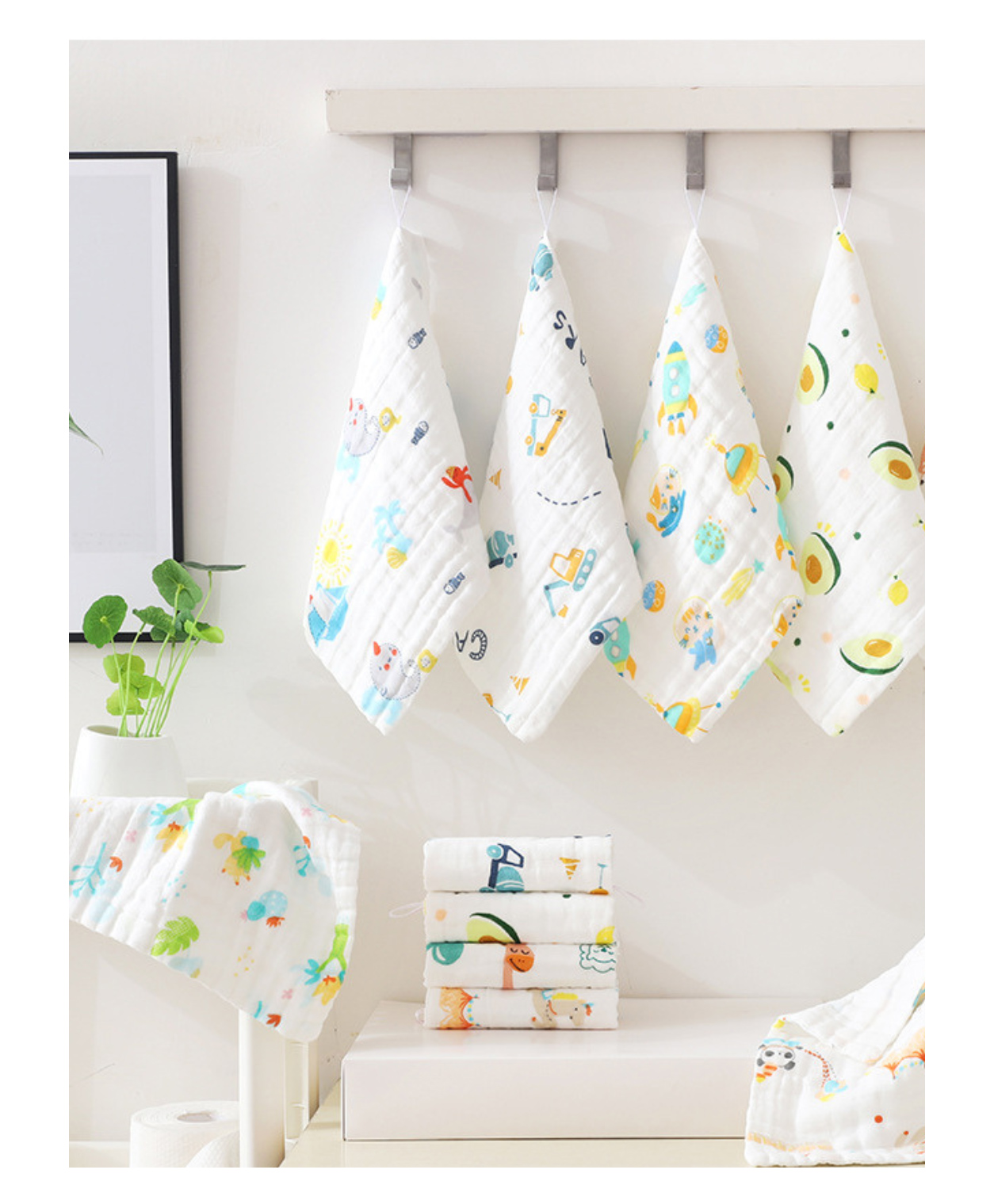 Elementary Premium 6 Layered Ultra Soft Muslin Cotton Wash Cloth Pack of 4 - (Colour & Print May Vary)