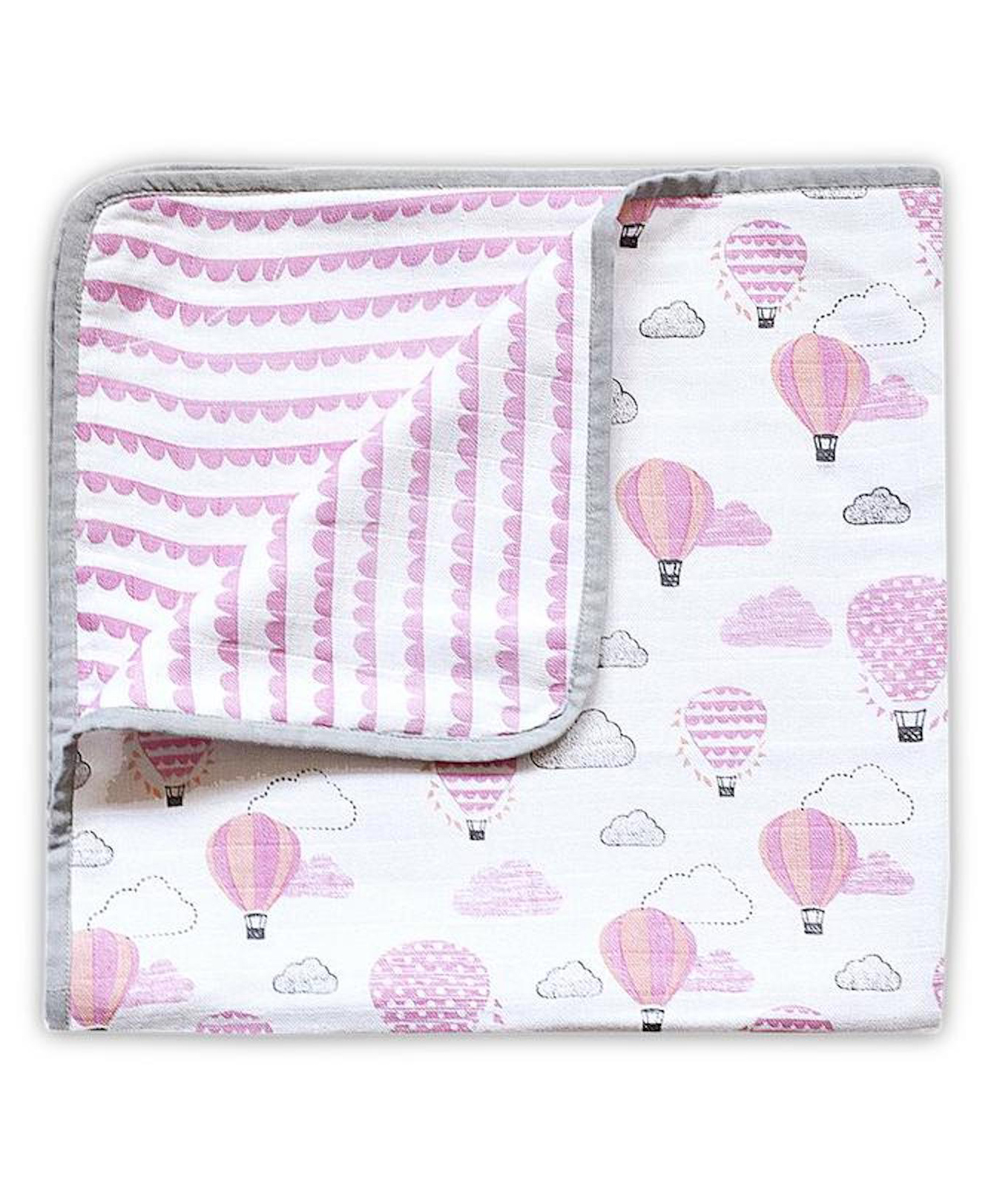 Elementary 100% Organic Muslin Cotton Reversible Dohar Blanket Hot Air Balloon Print - Pink-image-21