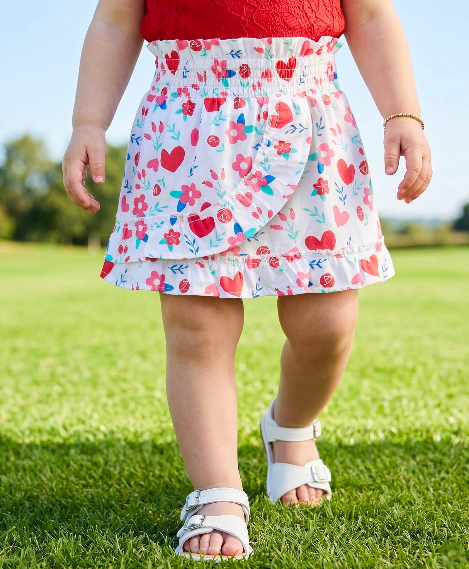Babyoye Eco-Conscious 100% Cotton Knee Length Skirt Floral Print - White & Red-picture-26