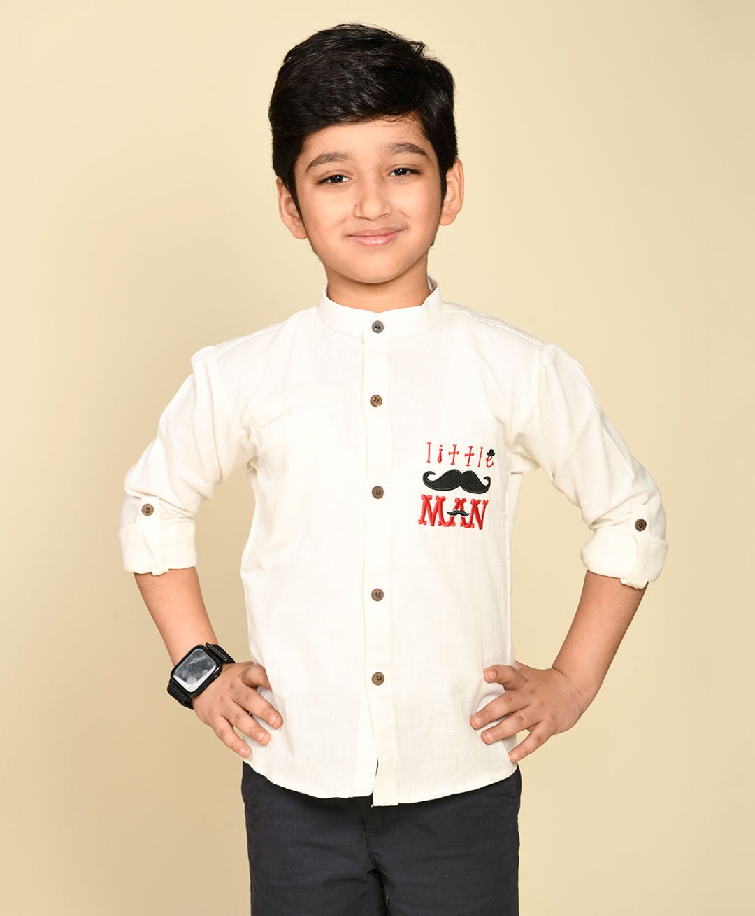 LIL PITAARA Boys Pure Cotton Full Sleeves Little Man Placement Embroidered Shirt - White-picture-19
