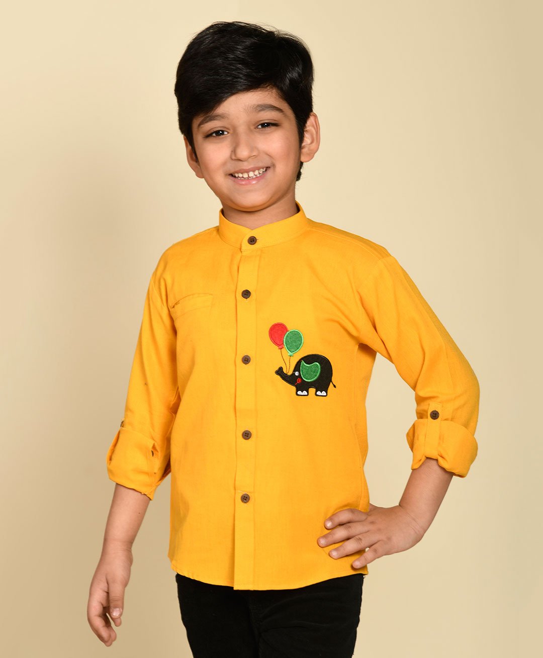 LIL PITAARA Pure Cotton Full Sleeves Elephant Patch Placement Embroidered Shirt - Yellow-picture-16