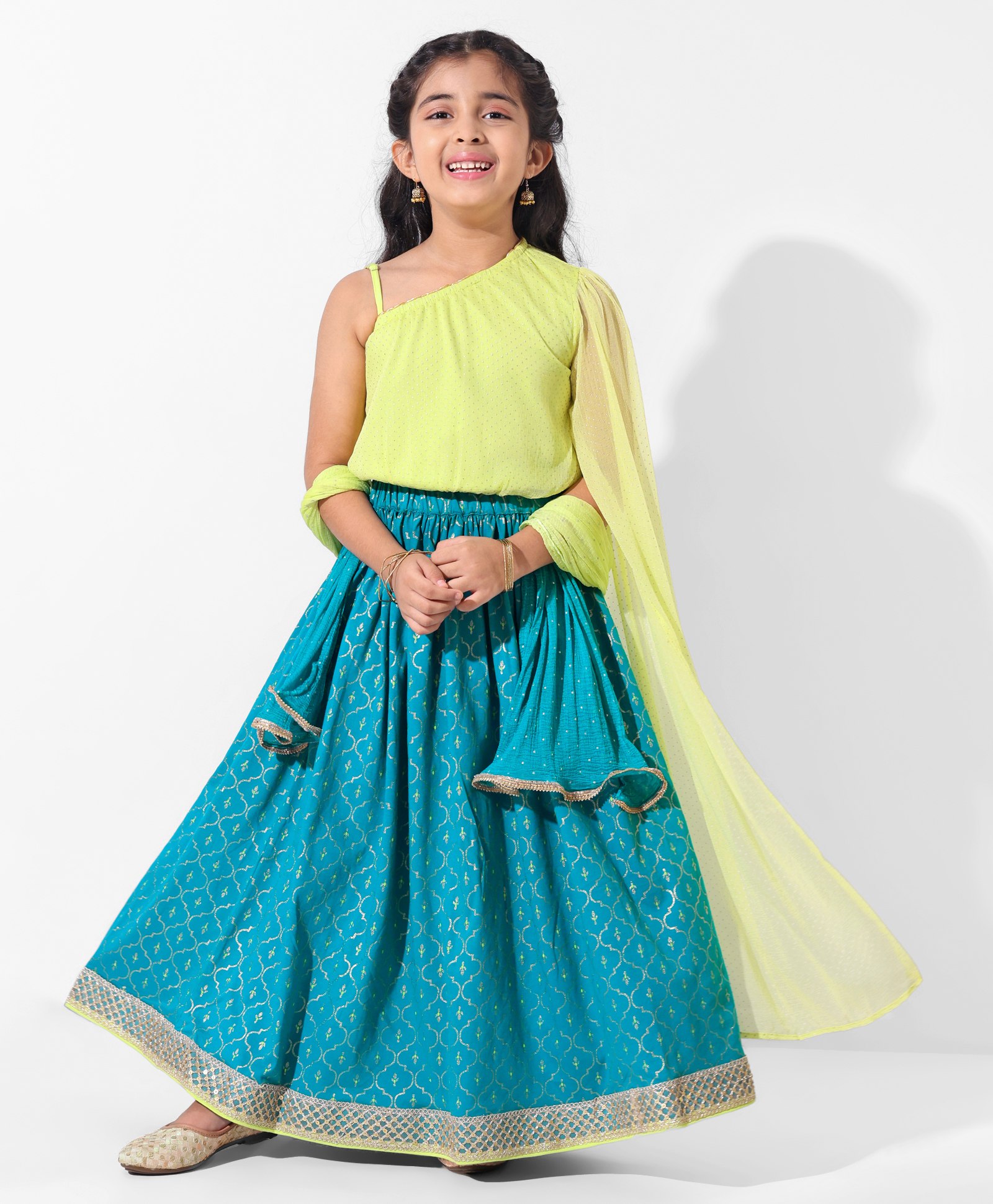 EARTHY TOUCH 100% Cotton Knit One Shoulder Cape Sleeves Polka Dots Printed Choli & Lehenga Set with Dupatta & Zari Design - Teal & Green-image-39