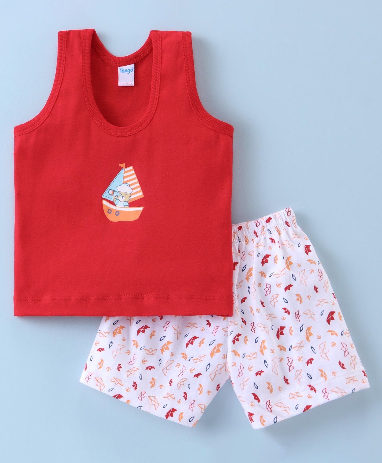 Tango Single Jersey Sleeveless Innerwear Set Teddy Print - Red & White-picture-35