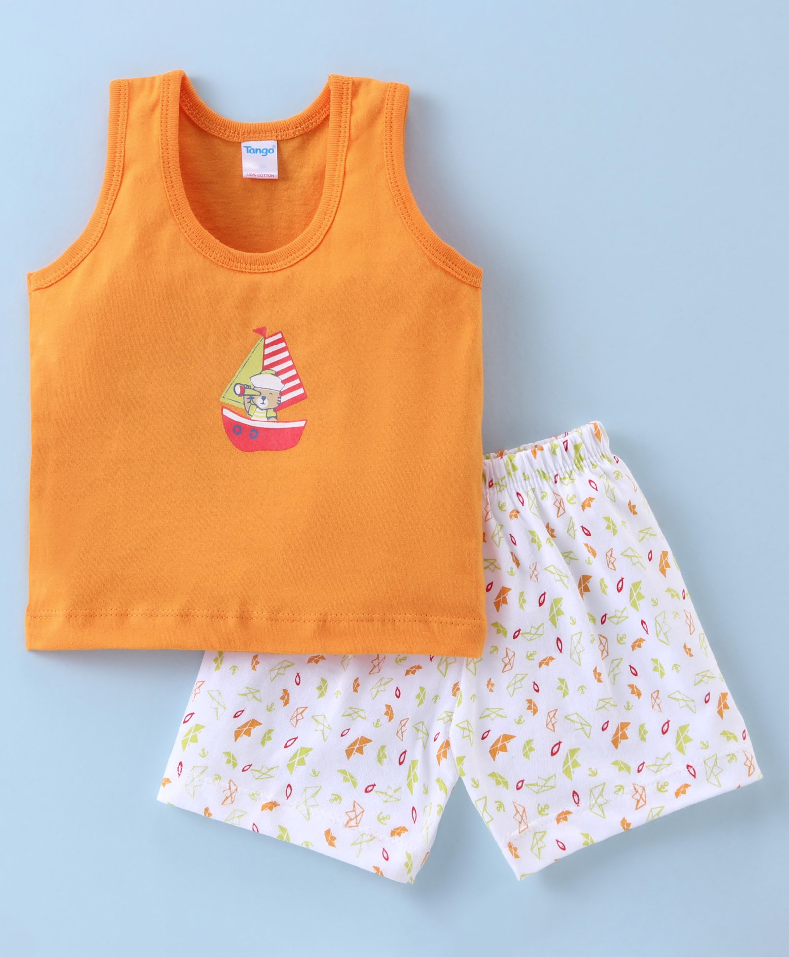 Tango Single Jersey Sleeveless Innerwear Set Teddy Print - Orange & White-image-13