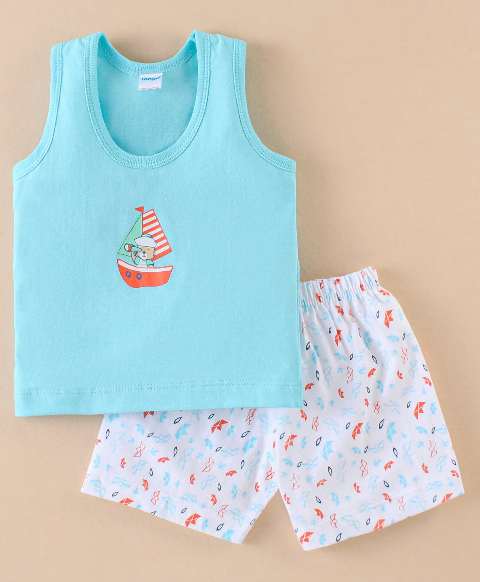 Tango Single Jersey Sleeveless Innerwear Set Teddy Print - Blue-image-4
