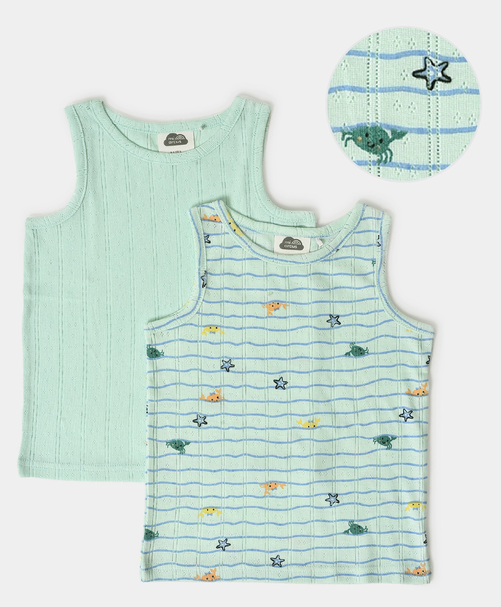 Mi Arcus 100% Cotton Pack Of 2 Sleeveless Sea Life Theme Printed Self Design Vests - Green-picture-15