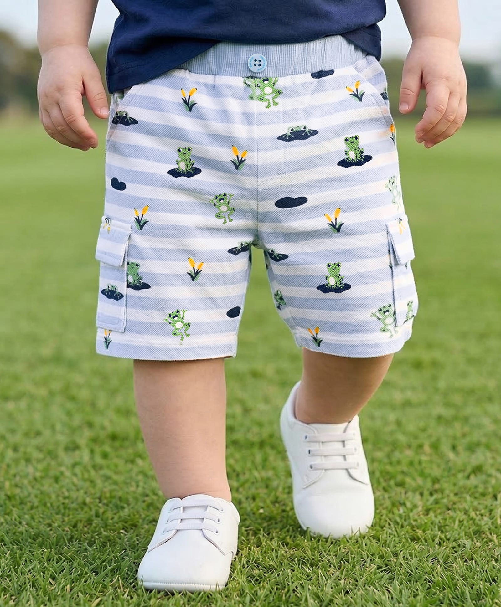 Babyoye 100% Cotton Knee Length Striped Shorts with Froggy Print - Blue-picture-27