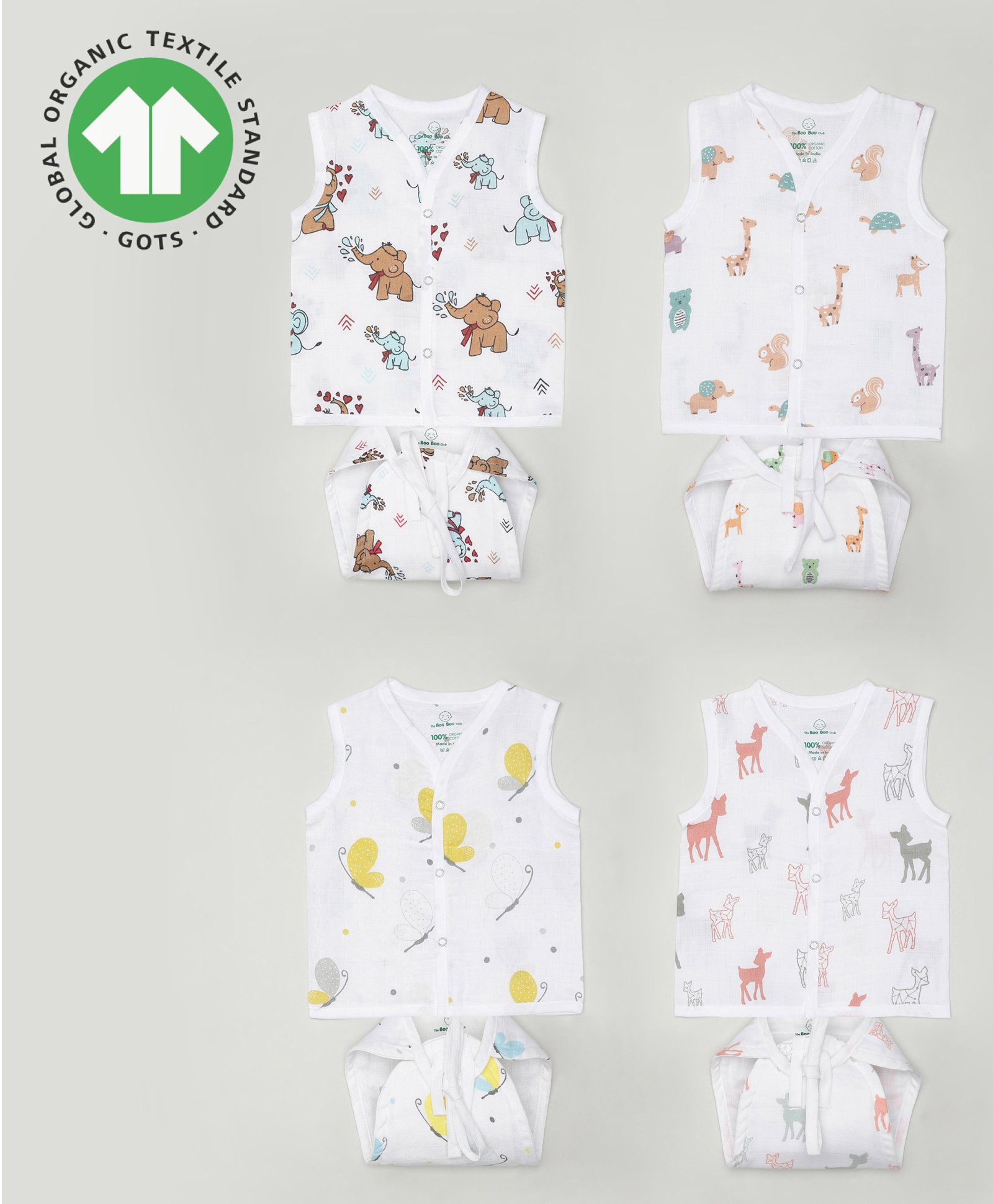 The Boo Boo Club 100% Muslin GOTS Certified Organic Cotton Pack Of 4 Sleeveless Animals Printed Jhabla & Nappy Sets - White Yellow-picture-13