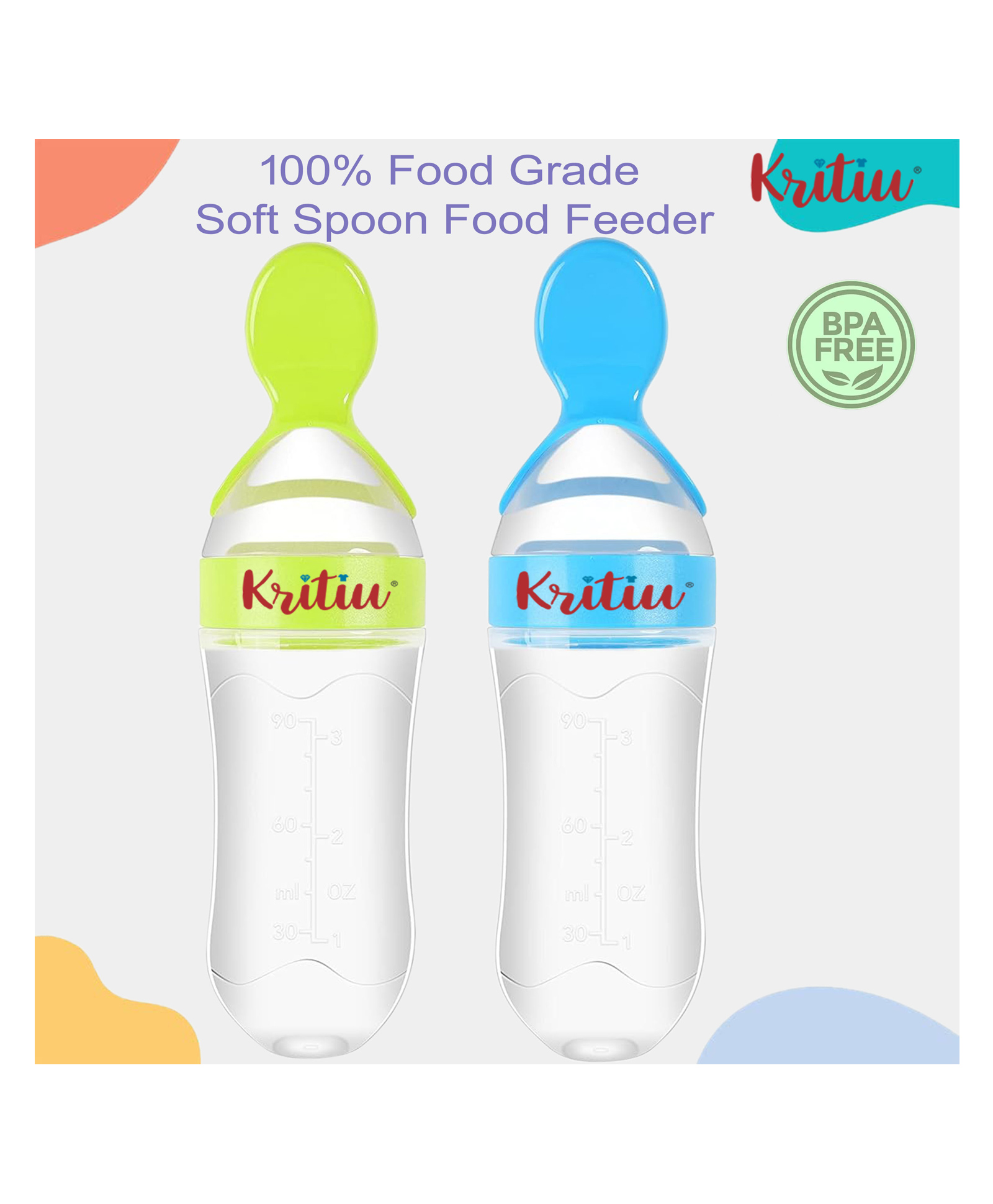 Kritiu Baby Squeezy Silicone Food Feeder Pack Of 2  90 ml - Green Blue-image-33