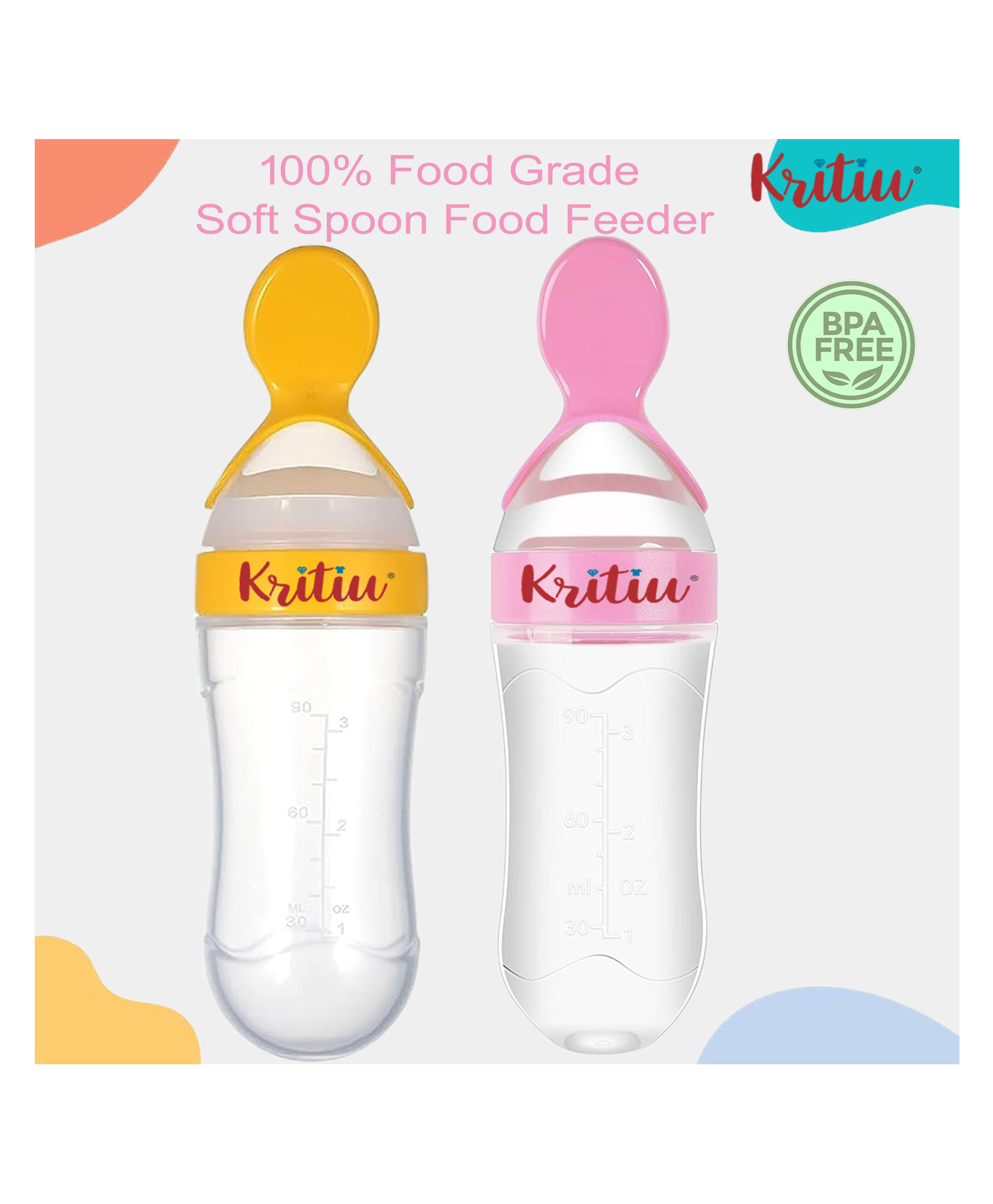 Kritiu Baby Squeezy Silicone Food Feeder Pack Of 2 - 90 ml Yellow Pink-image-42