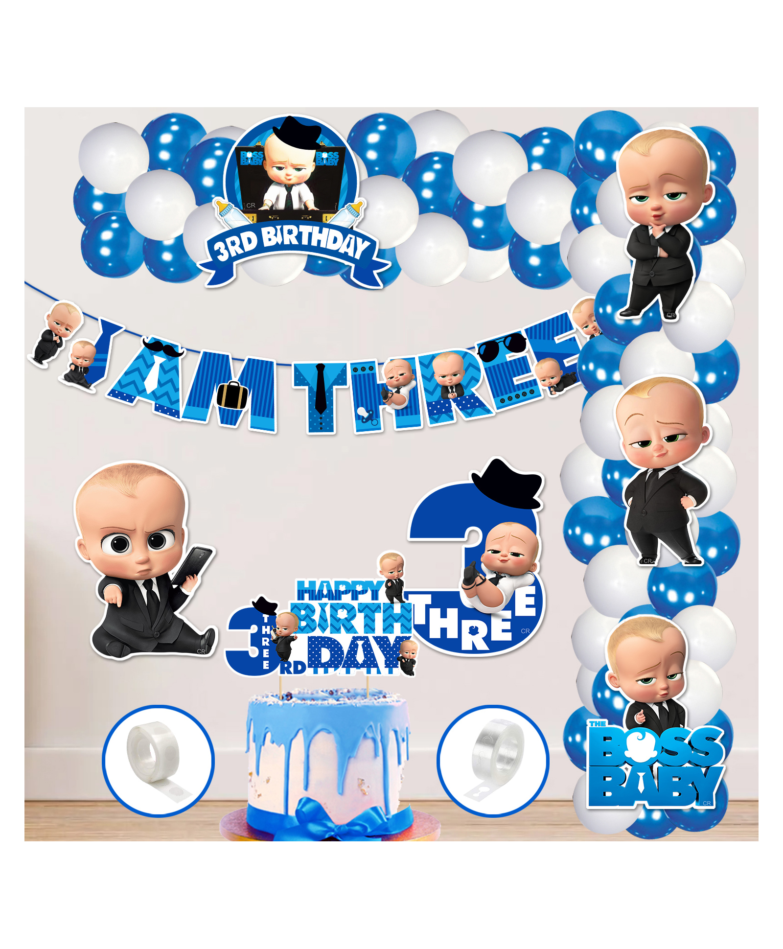 Zyozi 3rd Birthday Boss Baby Theme Balloon Arc decoration Boss Baby Theme Third Birthday for Boys Blue - Pack of 60-picture-35
