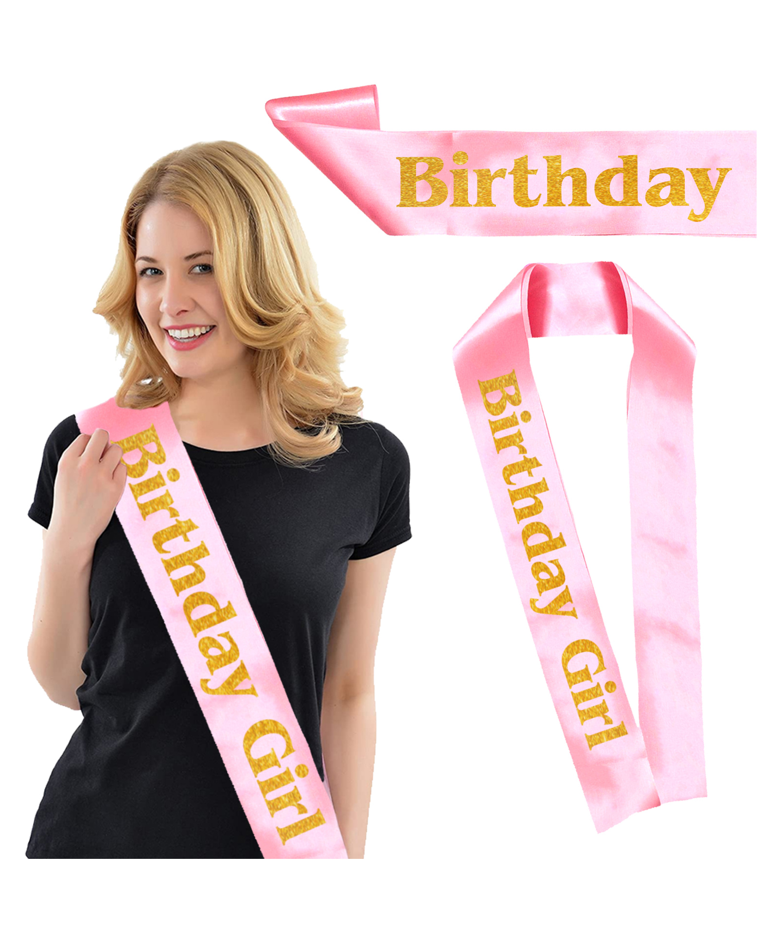 Zyozi Birthday Sash for Girl Pink Satin with Gold Print Letter Birthday Girl Birthday Party Decorations - Length 80 cm-image-47