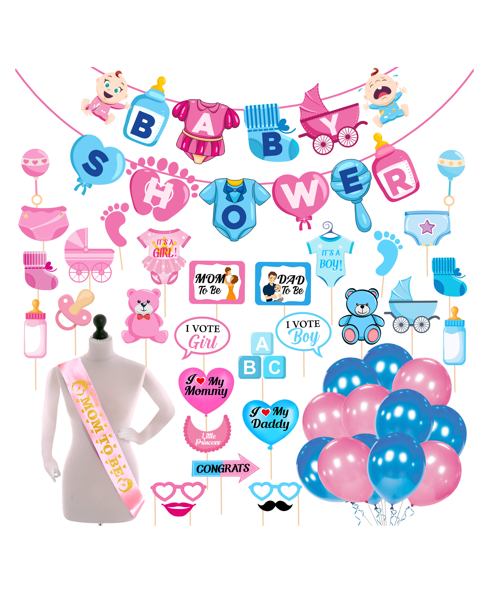 Zyozi Baby Shower Decorations,Baby Shower Party Supplies Prop For Baby Shower Theme Party Favors Blue and Pink - Pack of 57-picture-30