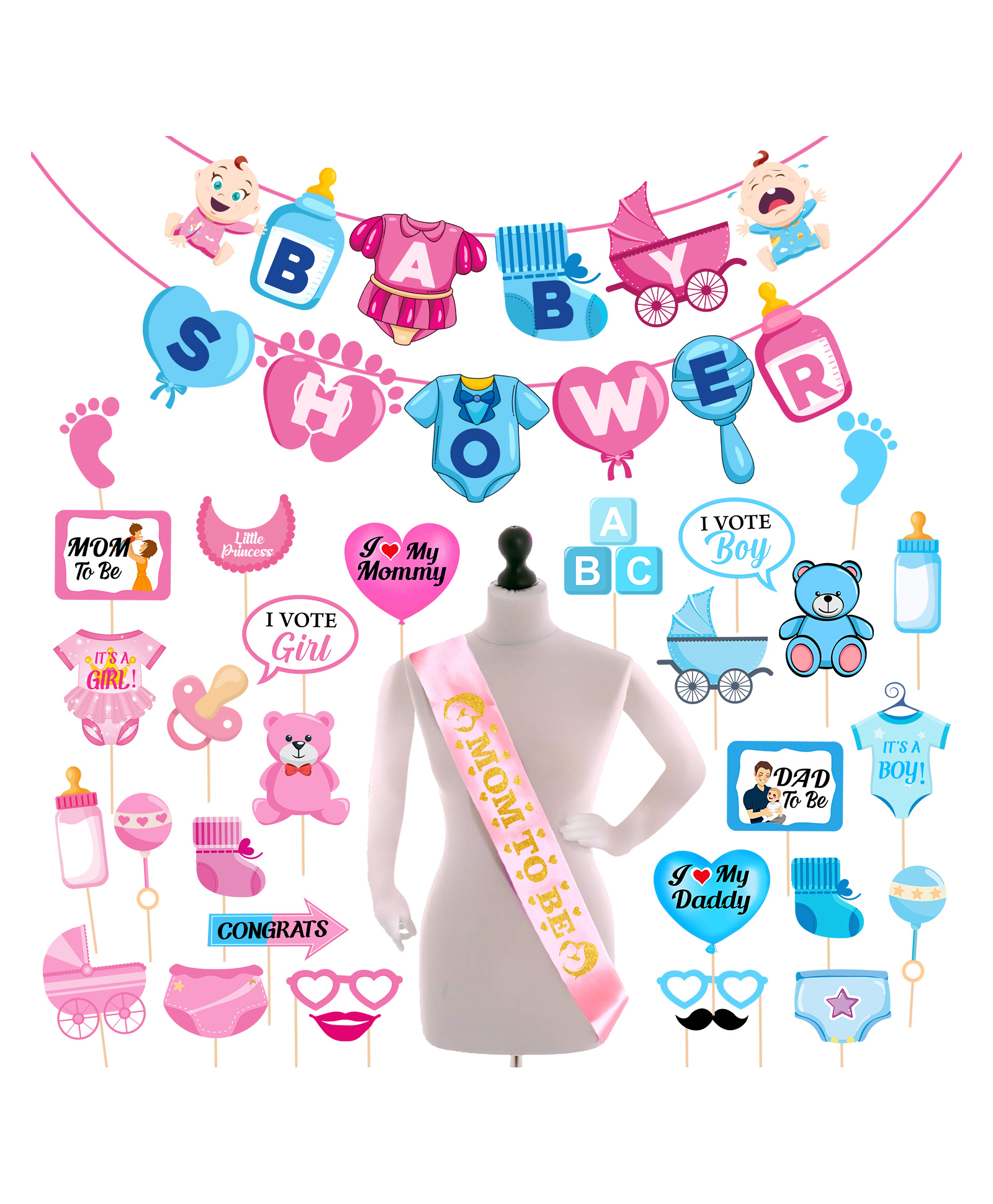 Zyozi Baby Shower Decorations Baby Shower Party Supplies Prop For Baby Shower Theme Party Favors Blue and Pink - Pack of 32-picture-31