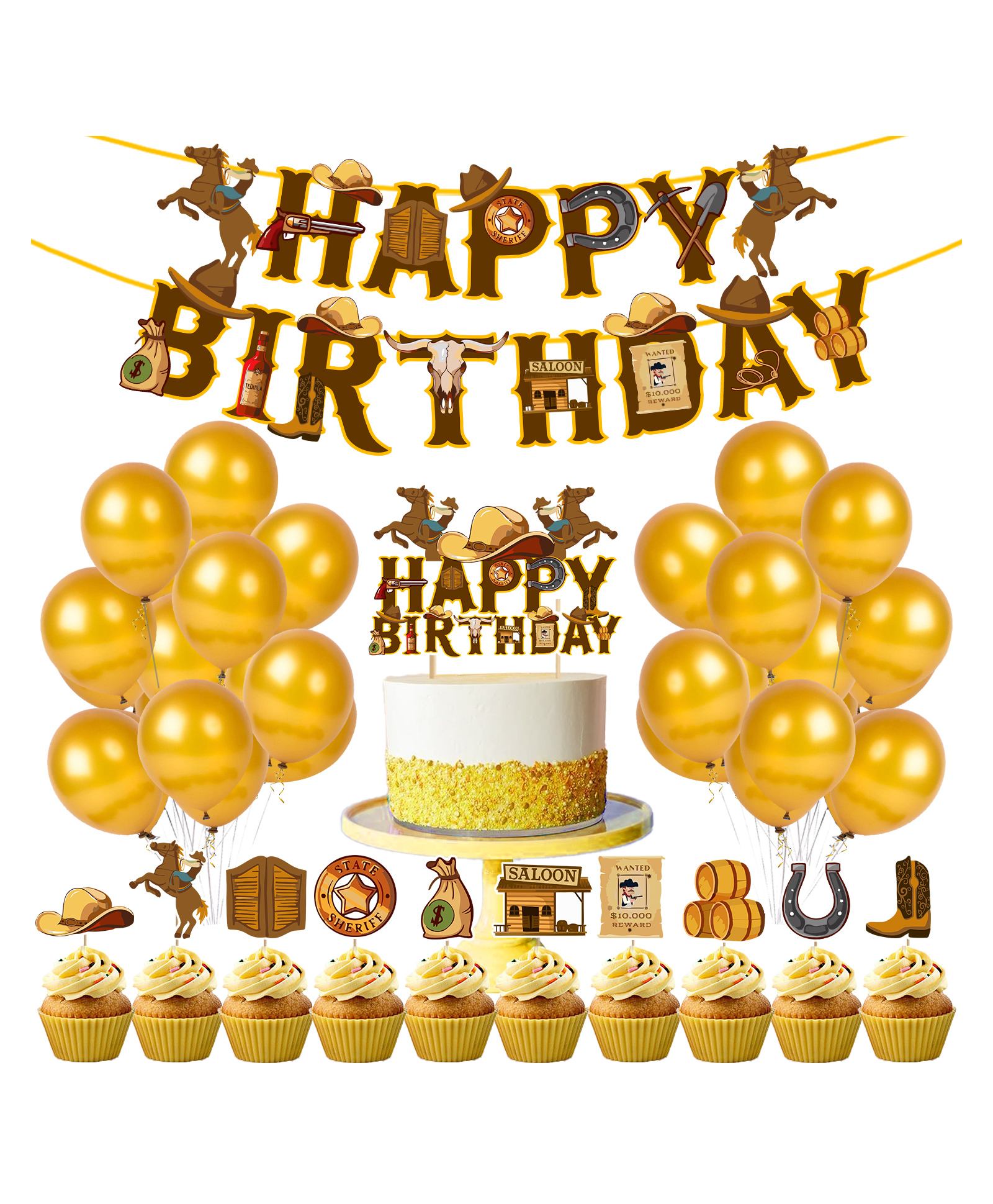 Zyozi Cowboy Birthday Party Decoration Cowboy Theme Party Supplies Gold - Pack of 37-picture-48