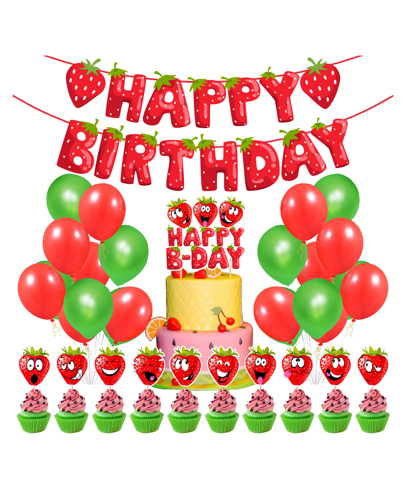 Zyozi Strawberry Theme Birthday Party Supplies and Decorations Strawberry Red - Pack of 37-picture-46
