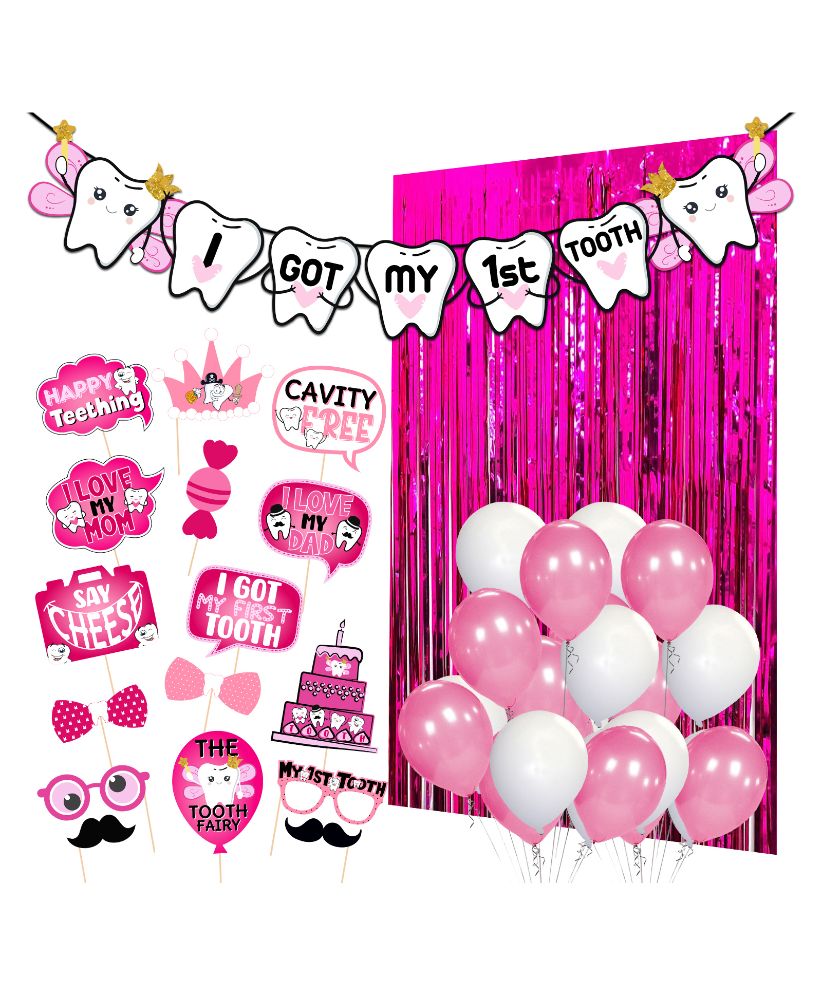 Zyozi Got My First Tooth Decoration First Tooth Decoration Items for Baby Rice Ceremony Decoration Kit Pink- Pack of 43-picture-44