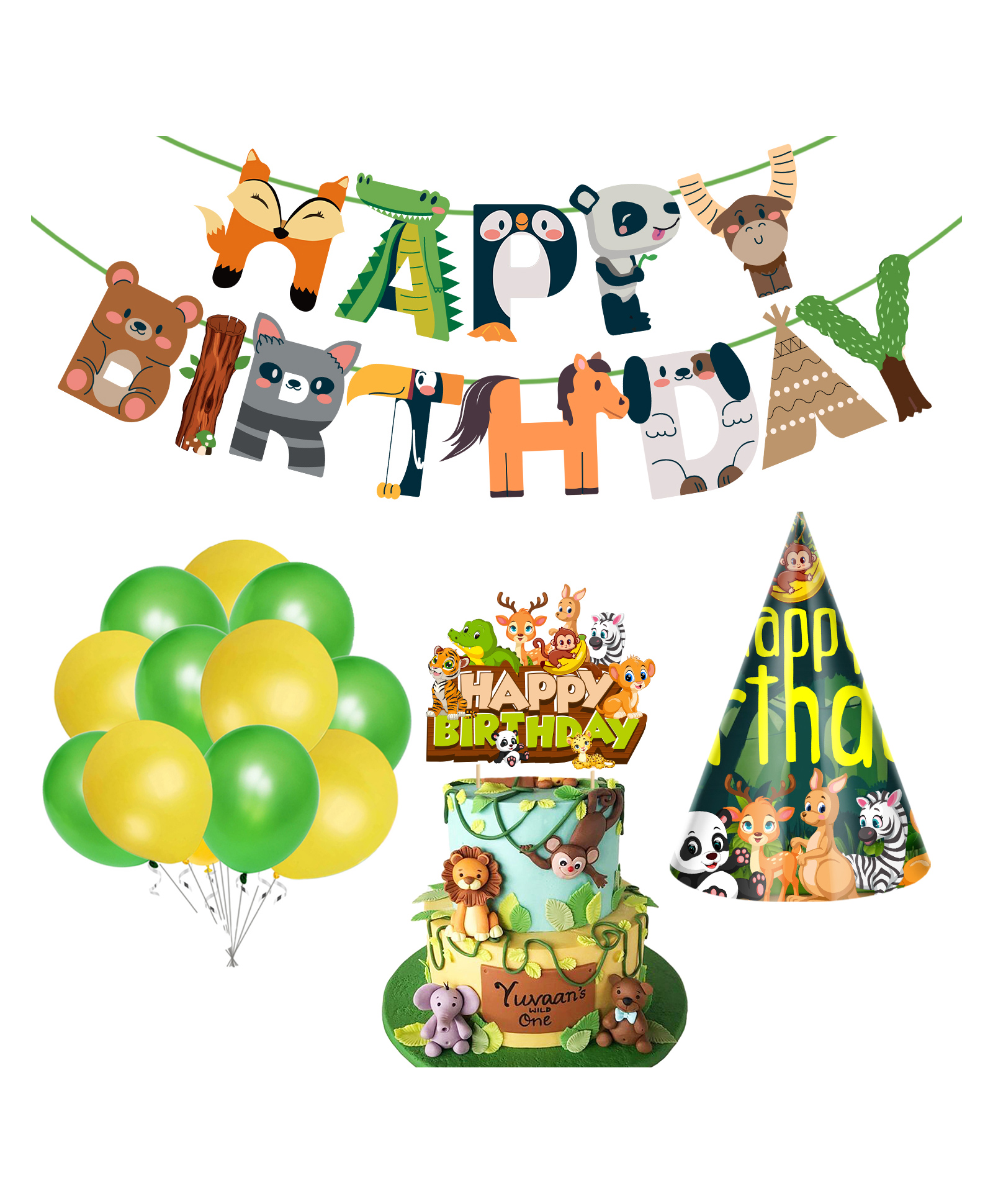 Zyozi Jungle Safari Happy Birthday Decoration Kids Yellow And Green - Pack of 28-image-46