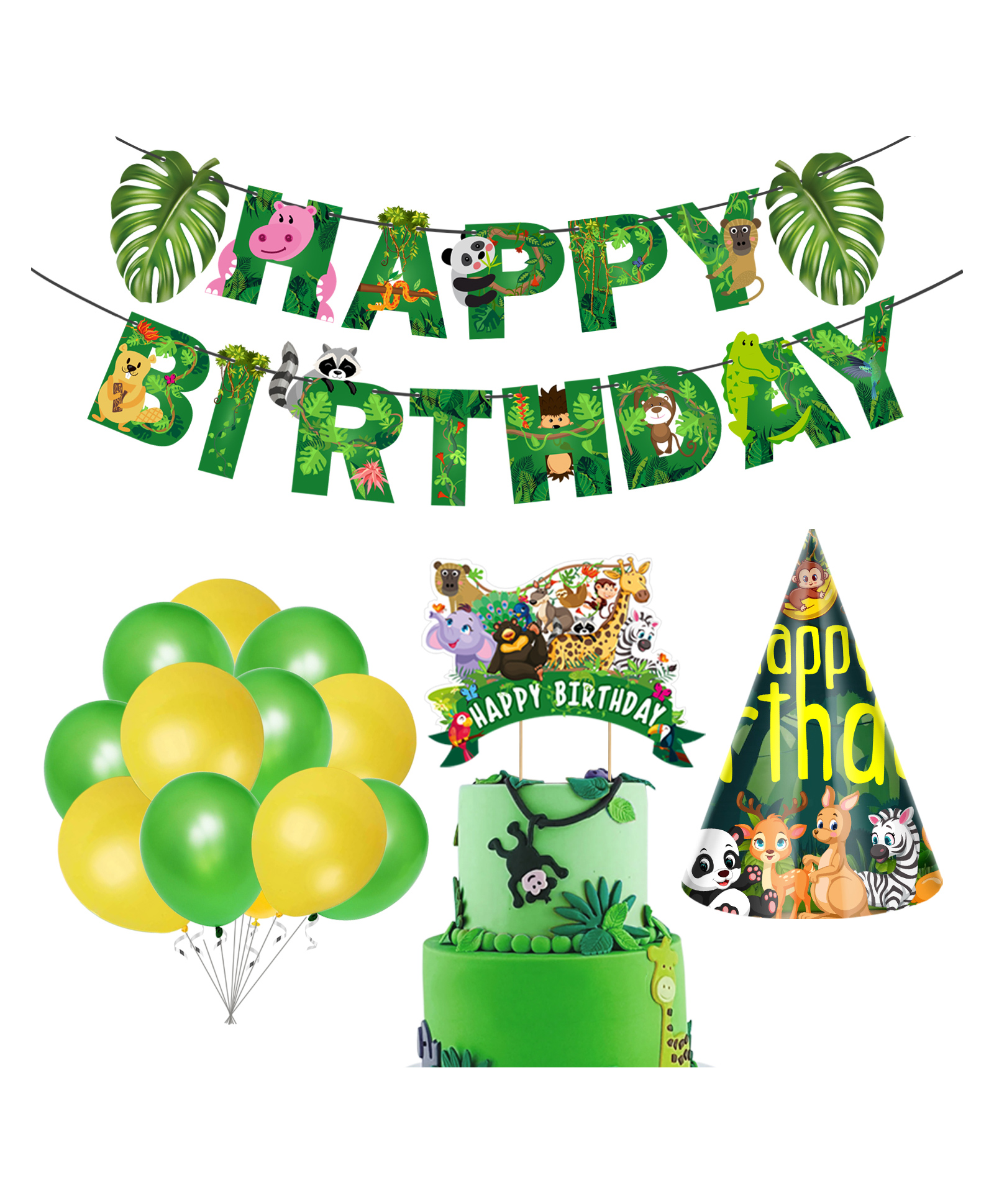 Zyozi Jungle Safari Happy Birthday Decoration Kids Yellow And Green - Pack of 28-picture-11