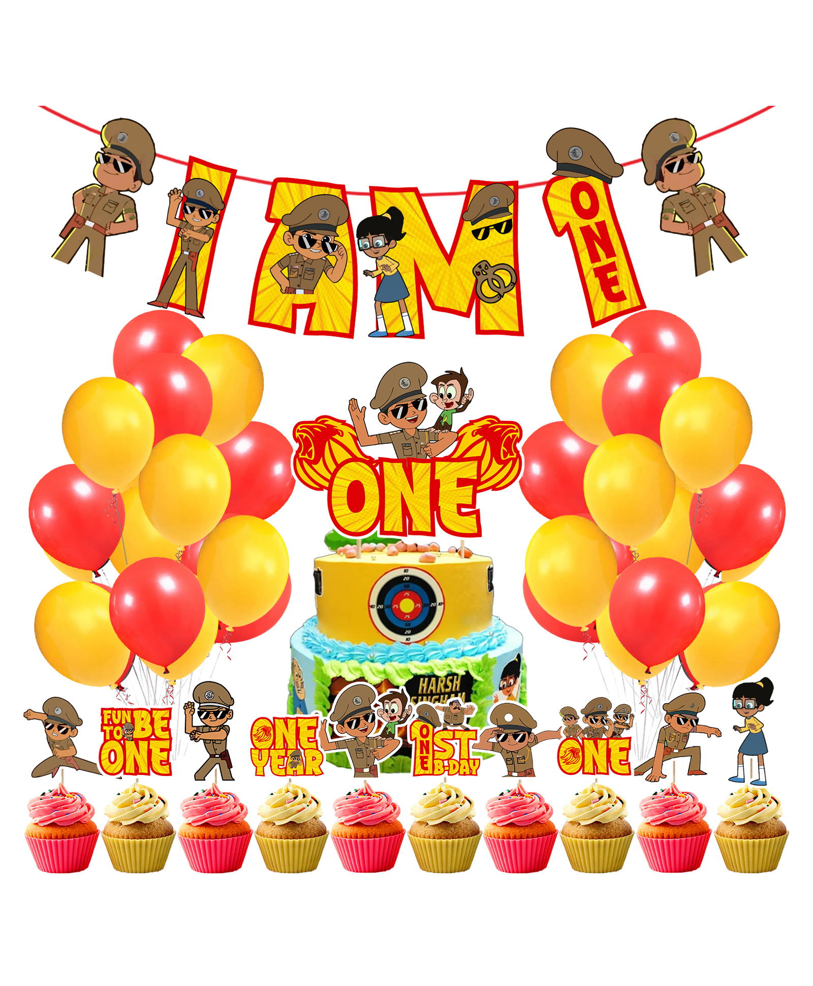Zyozi Little Singham Theme 1st Birthday for Boys Birthday Decoration Kit, Yellow And Red - Pack of 37-picture-43