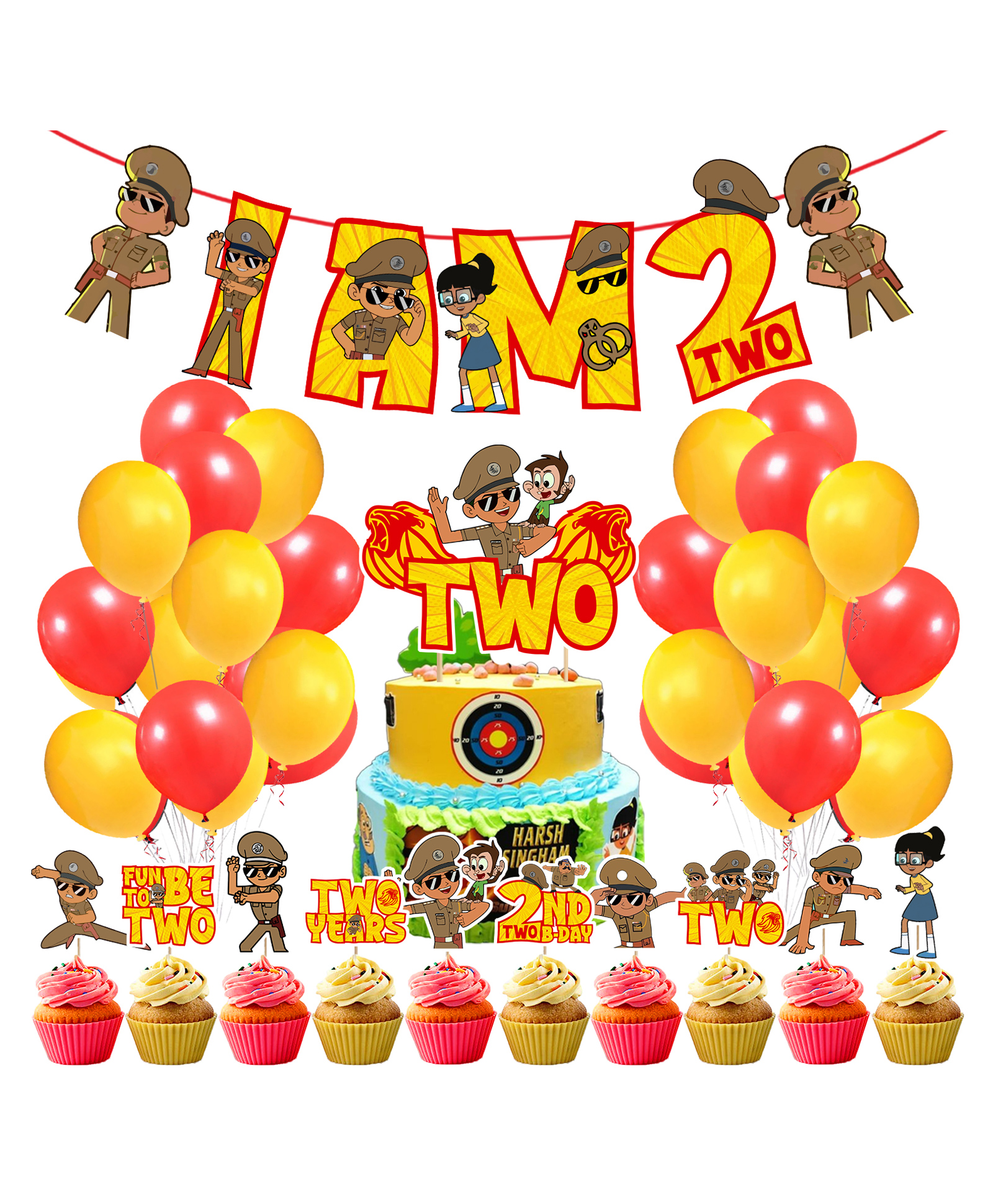 Zyozi Little Singham Theme 2nd Birthday for Boys Birthday Decoration Kit, Yellow And Red - Pack of 37-picture-16