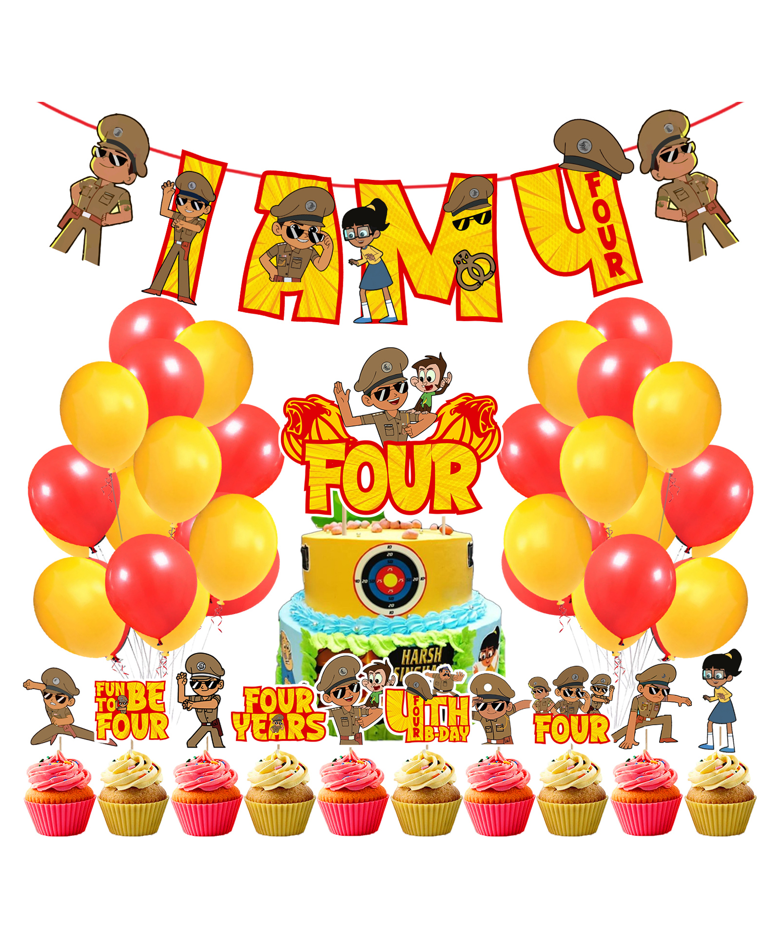 Zyozi Little Singham Theme 4th Birthday for Boys Birthday Decoration Kit, Yellow And Red - Pack of 37-picture-47
