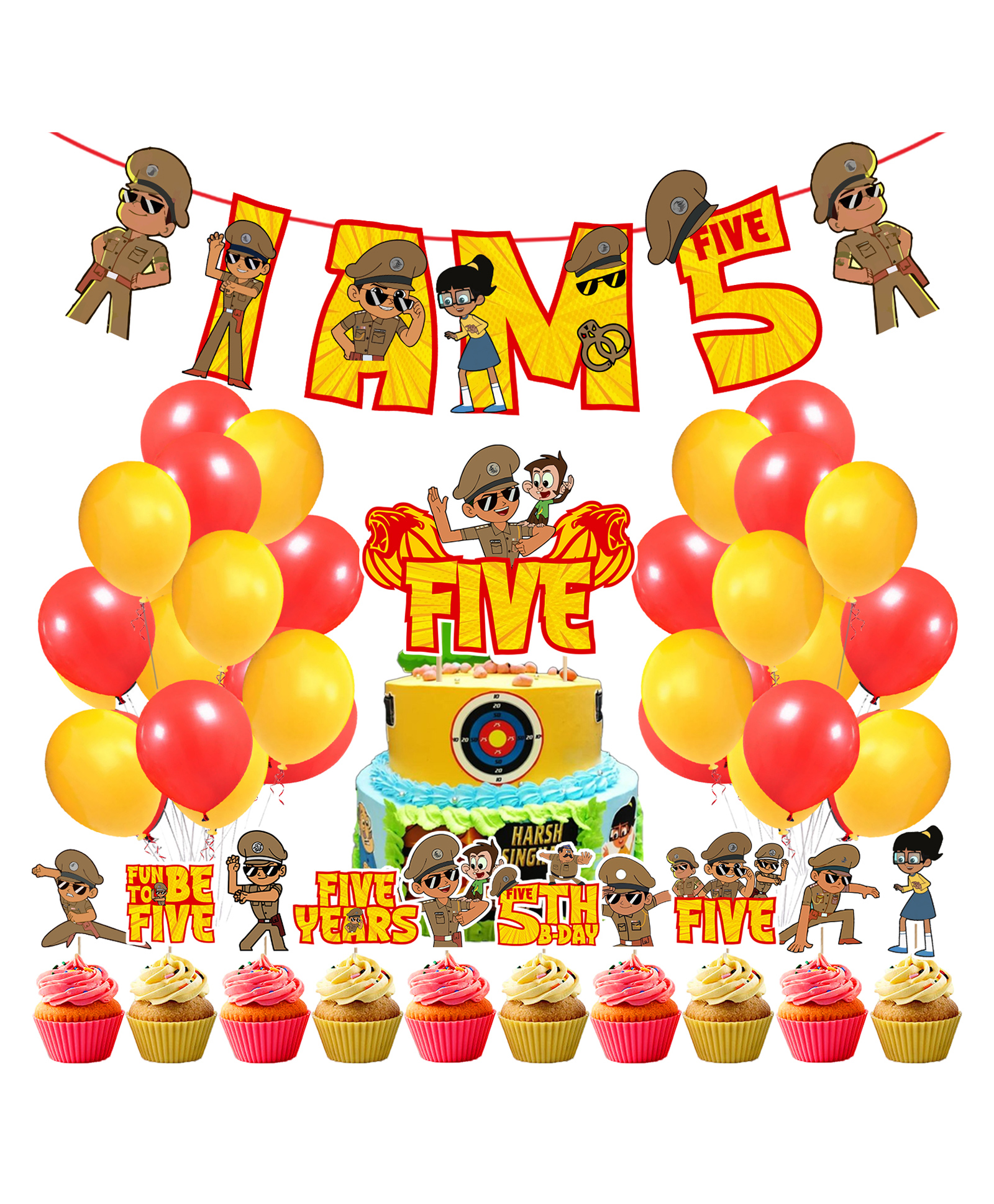 Zyozi Little Singham Theme 5th Birthday for Boys Birthday Decoration Kit Yellow And Red - Pack of 37-picture-10