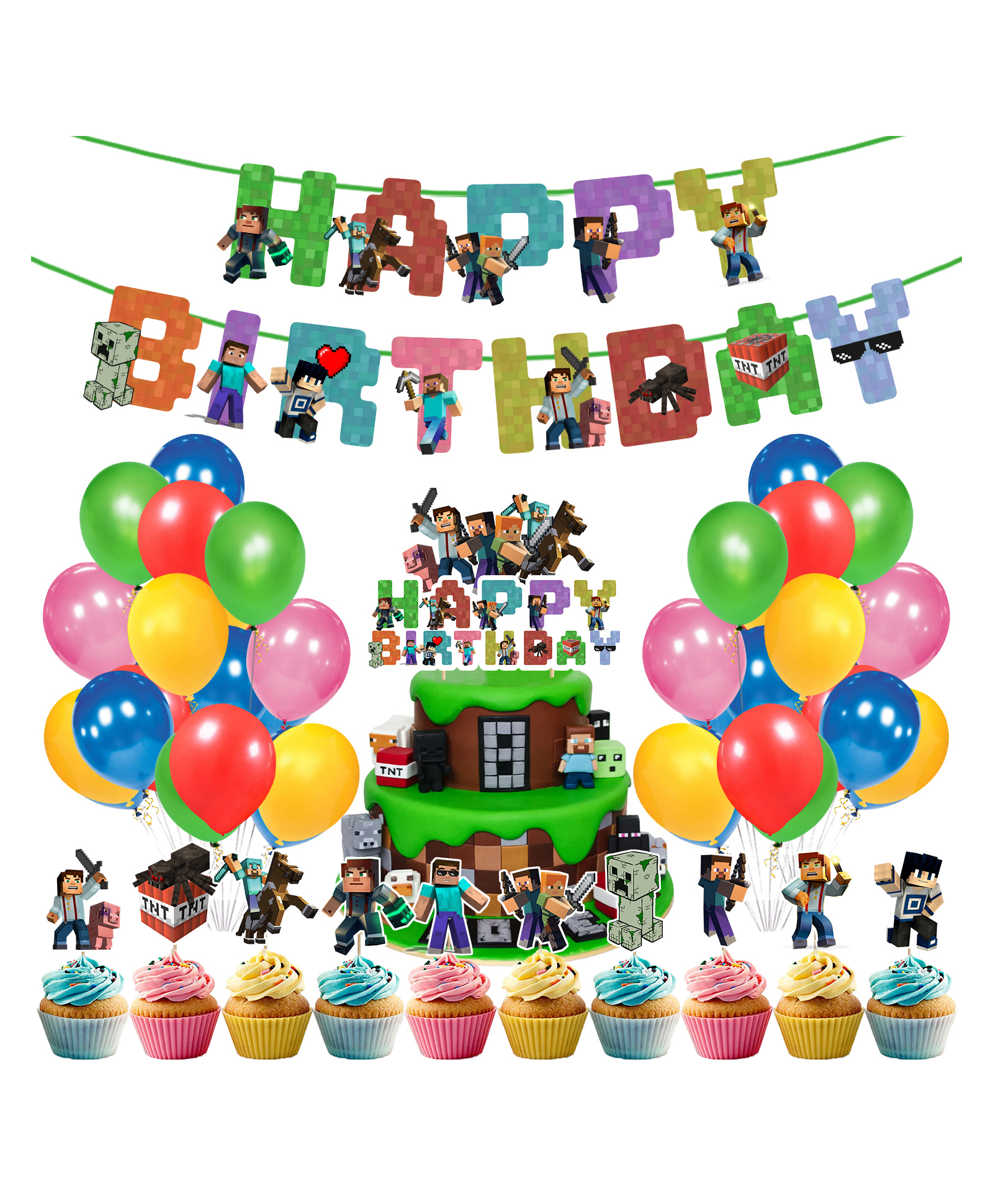 Zyozi Pixel Style Gamer Birthday Party Supplies Multicolor - Pack of 37-image-17