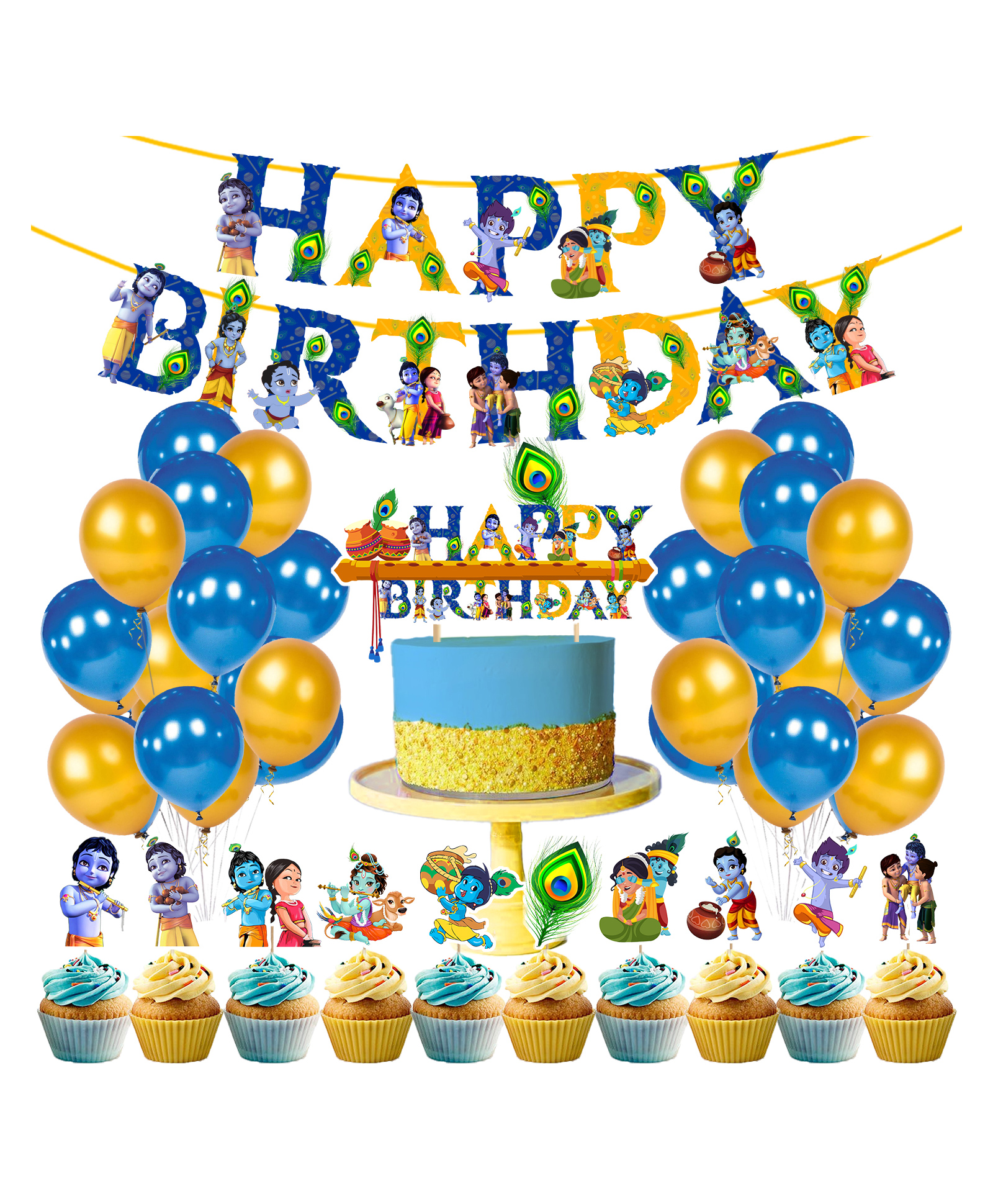 Zyozi Little Krishna Theme Birthday Party Supplies and Decorations Little Krishna Blue and Gold- Pack of 37-image-18