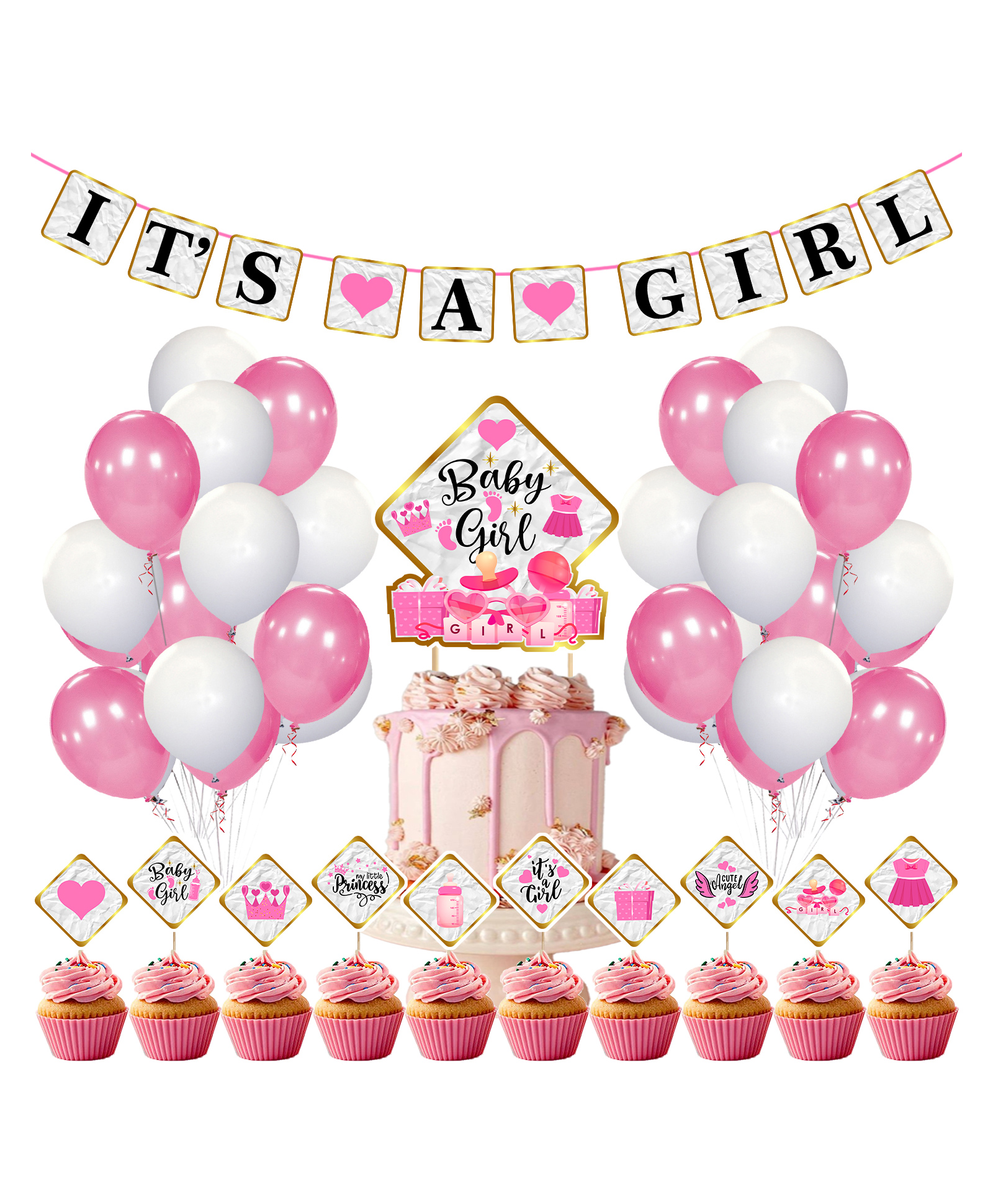 Zyozi Baby Shower Decorations Its a Girl Decoration Pink and White - Pack of 37-picture-27