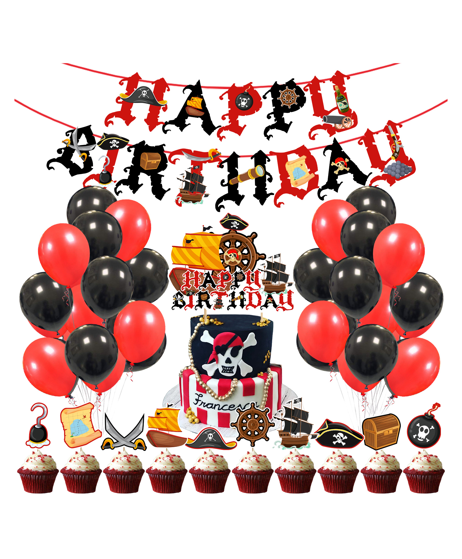 Zyozi Pirate Birthday Party Decorations Happy Birthday Pirate Theme for Kids Boys Birthday Red And Black - Pack of 37-picture-13