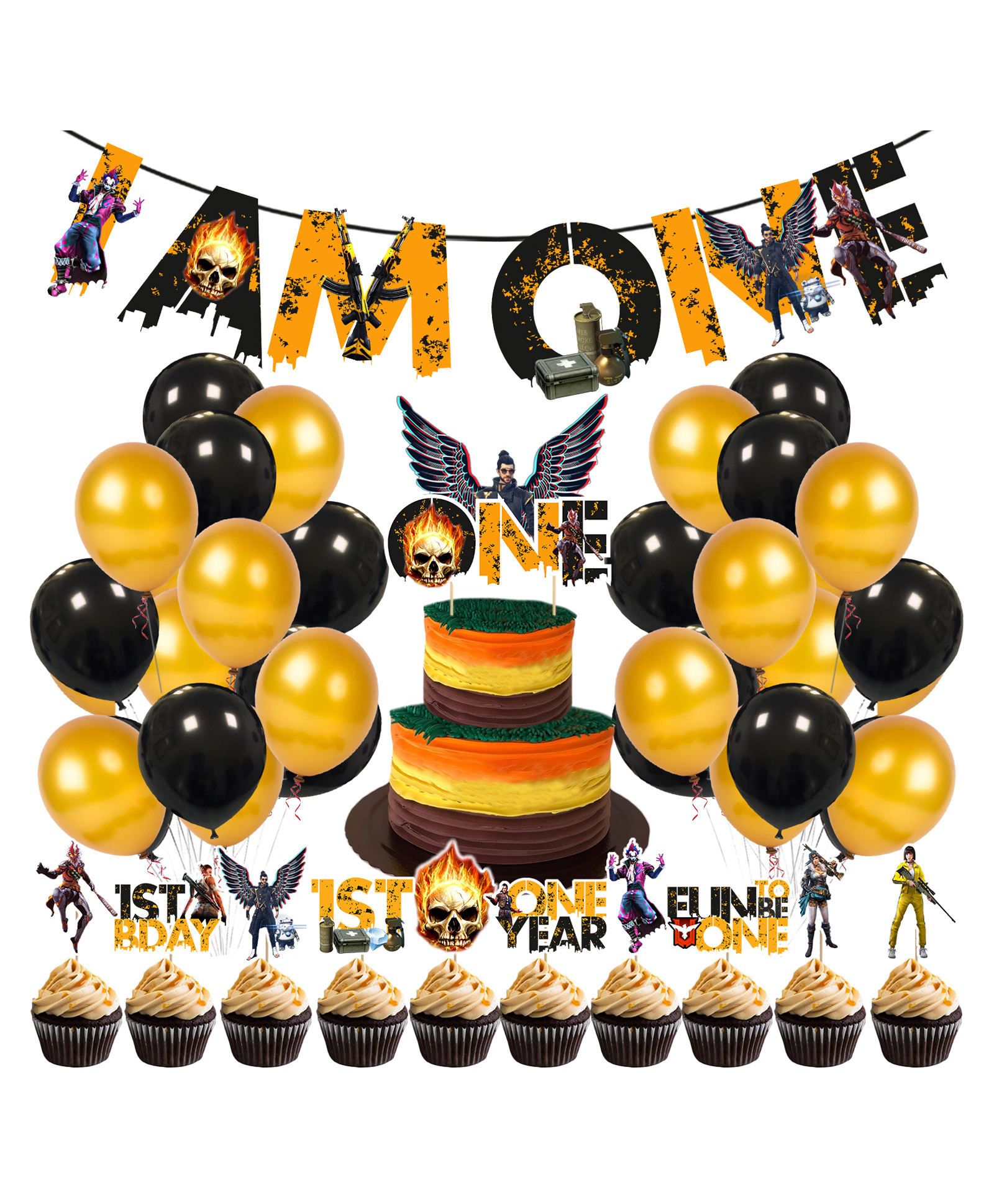 Zyozi Free Fire 1st Birthday Party Supplies Free Fire Birthday Yellow Black - Pack of 37-picture-4