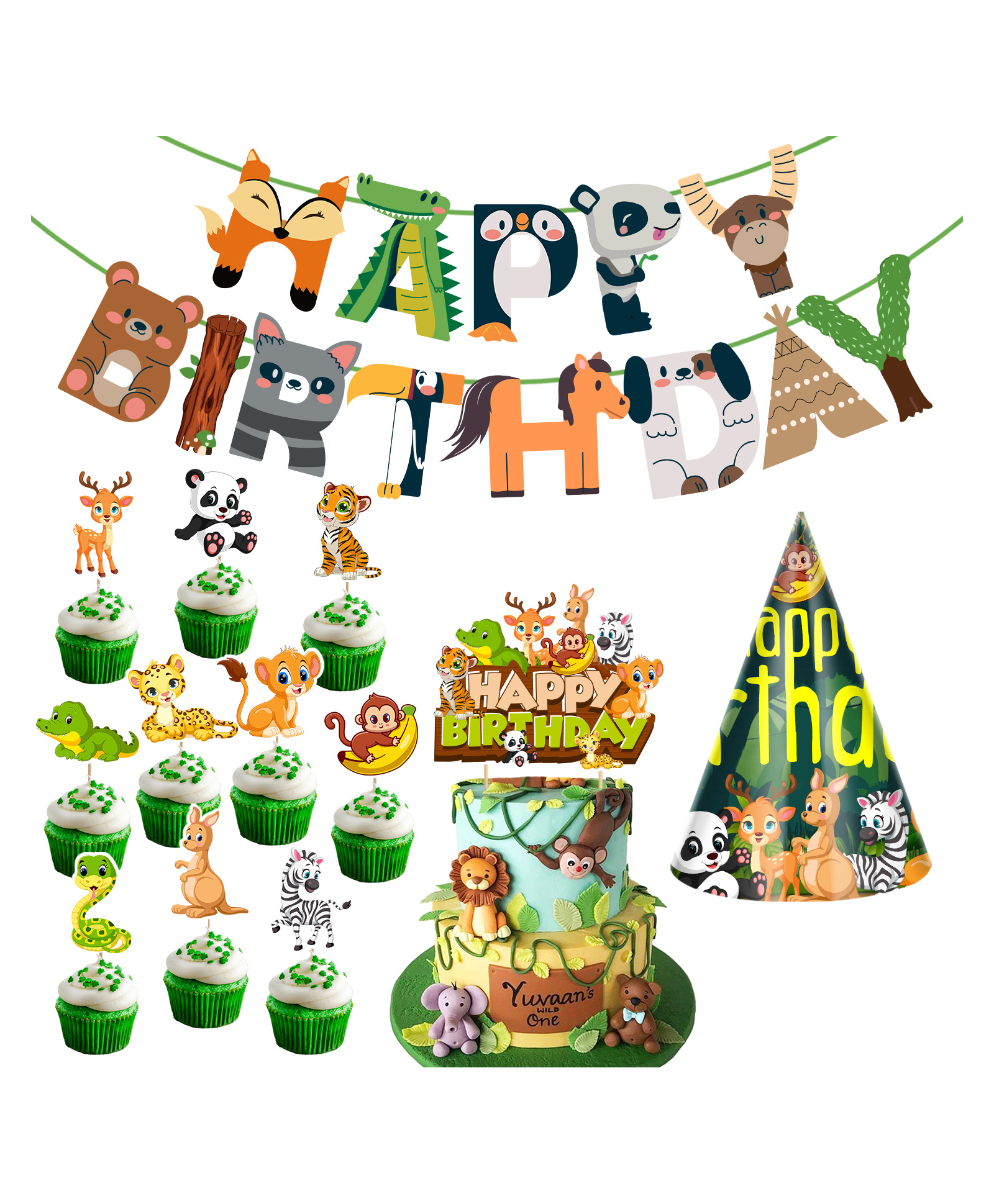 Zyozi Jungle Safari Happy Birthday Decoration Kids,Animal Birthday Theme for Boy Birthday, Green - Pack of 13-picture-5