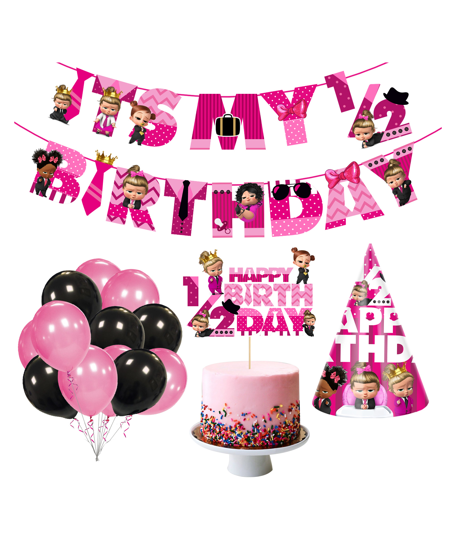Zyozi Baby Girls Boss Half Birthday Theme Party Supplies Pack of 28 - Pink-image-45