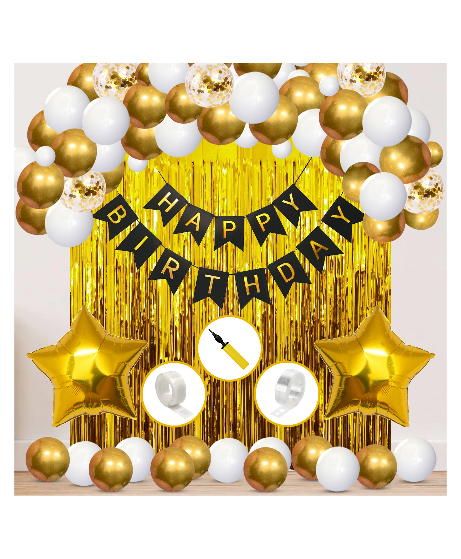 Zyozi Birthday Decoration Kit for Girls Foil Curtain Banner Star Foil Balloons Confetti And Mettalic Balloons for Kids Gold - Pack of 65-picture-20