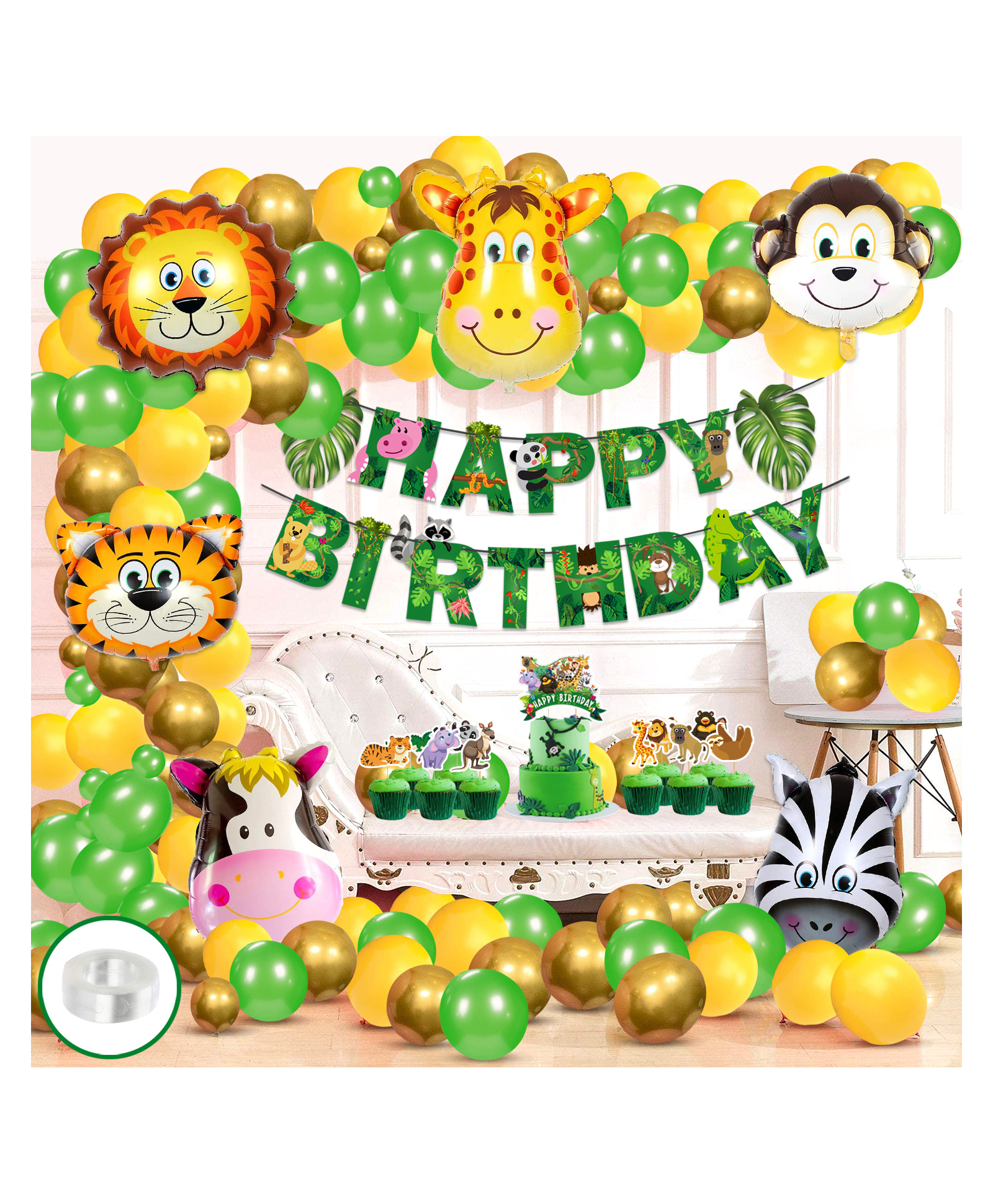 Zyozi Jungle Safari Happy Birthday Decoration Kids Animal Birthday Party Decoration  for Boy Birthday Green Yellow - Pack of 89-picture-11