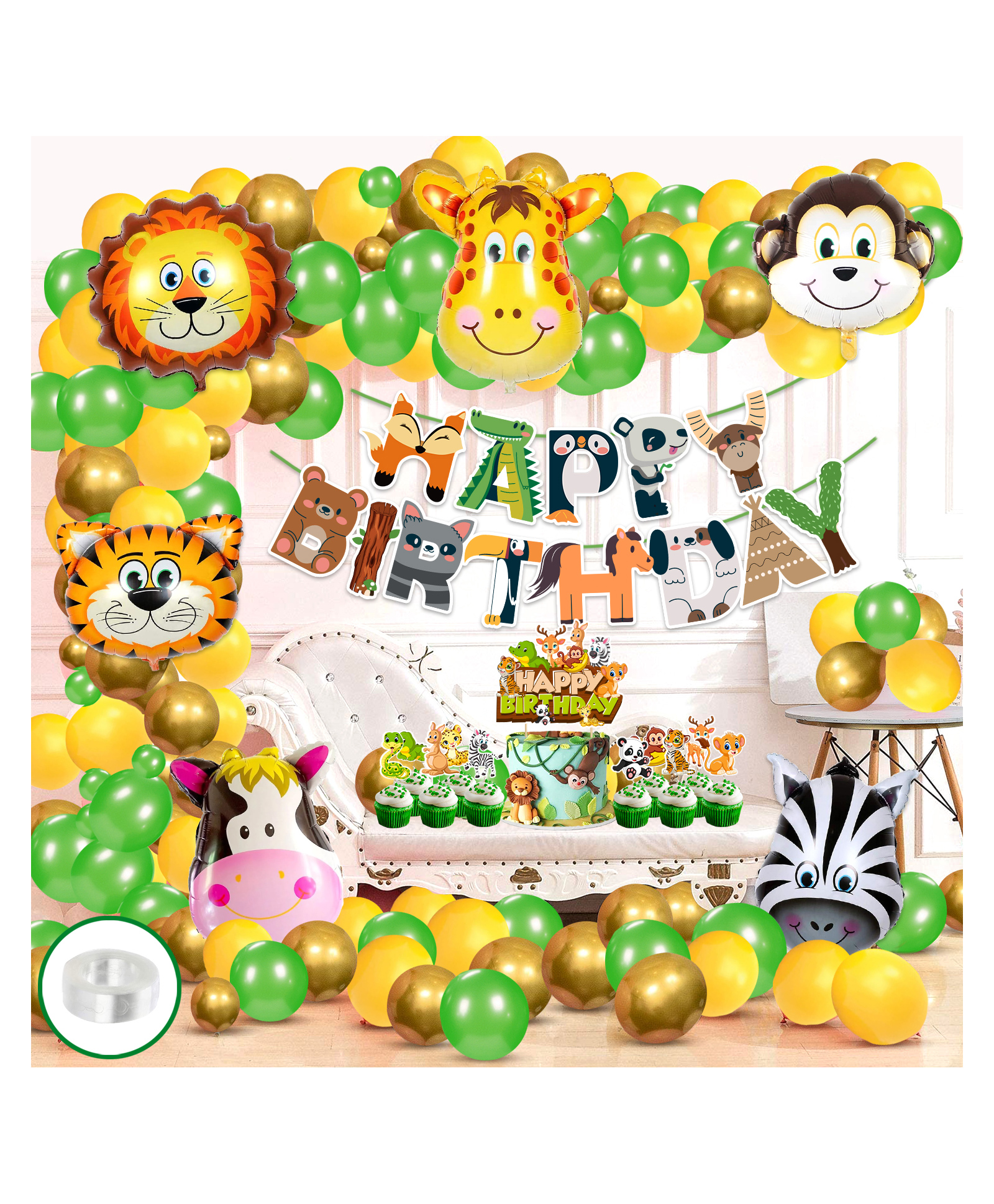 Zyozi Jungle Safari Happy Birthday Decoration Kids Animal Birthday Party Decoration Banner with Balloons Cake Topper Cup Cake Topper and Foil Balloons for Boy Birthday - Pack of 89-image-23