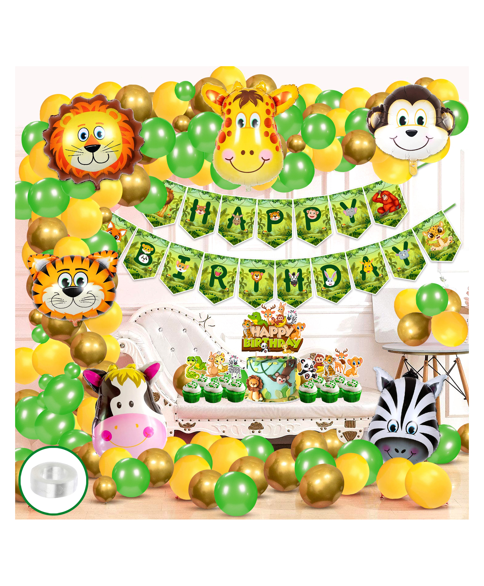 Zyozi Jungle Safari Happy Birthday Decoration Kids Animal Birthday Party Decoration  for Boy Birthday Green Yellow - Pack of 89-picture-7