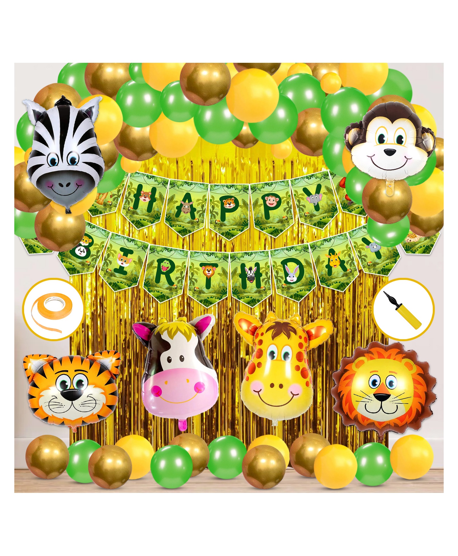 Zyozi Jungle Safari Happy Birthday Decoration Kids Animal Birthday Party Decoration  for Boy Birthday Green Yellow - Pack of 56-picture-2