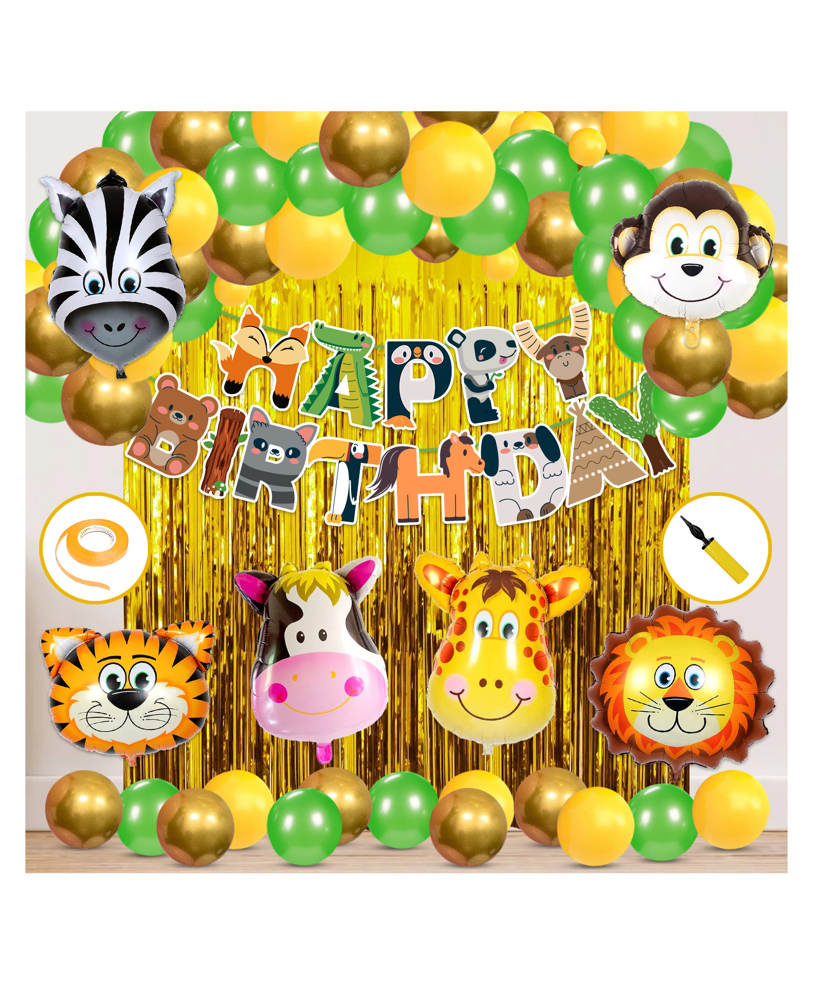 Zyozi Jungle Safari Happy Birthday Decoration Kids Animal Birthday Party Decoration  for Boy Birthday Green Yellow - Pack of 56-picture-3