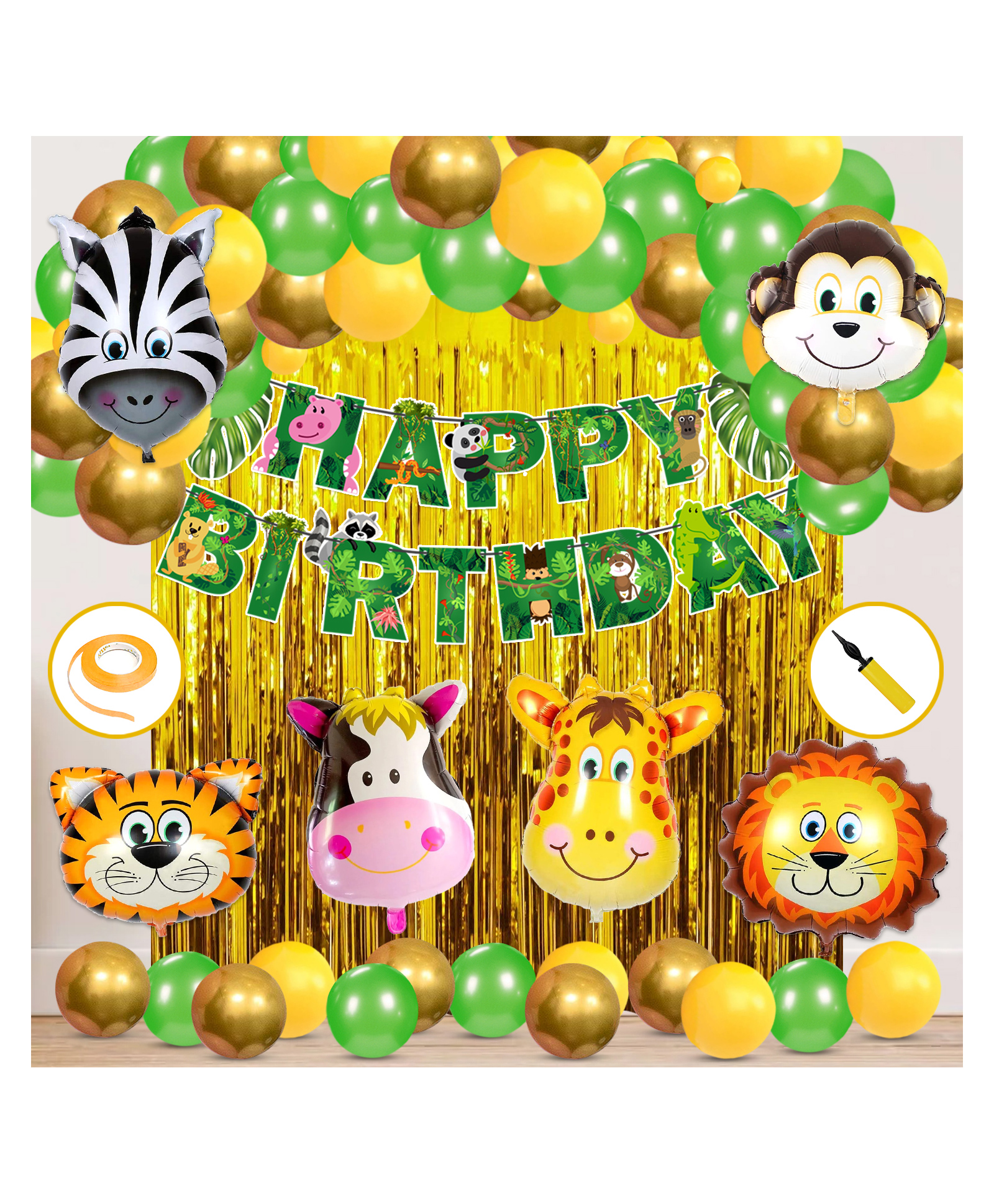 Zyozi Jungle Safari Happy Birthday Decoration Kids Animal Birthday Party Decoration  for Boy Birthday Green Yellow - Pack of 56-picture-8