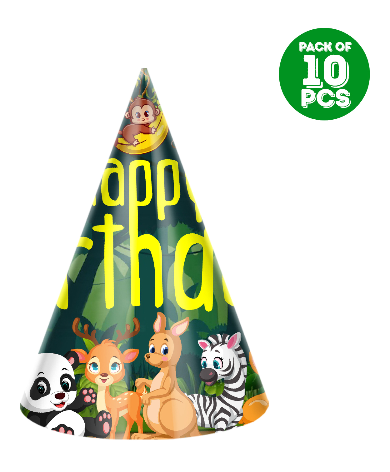 Zyozi Animals Cone Hats Birthday Party Hats for Kids Jungle Safari Zoo Birthday Party Decorations Green and Yellow - Pack of 10-image-10