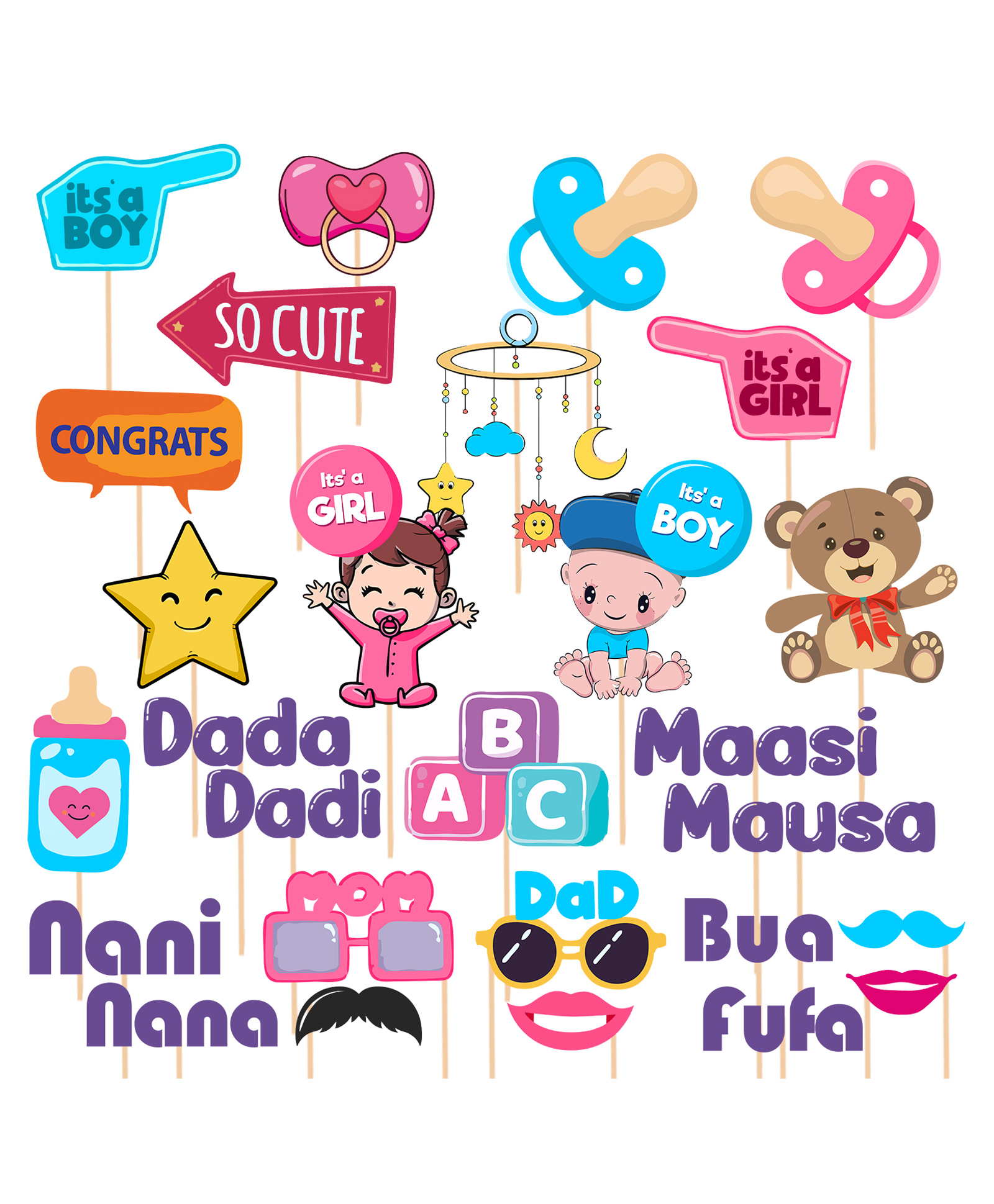 Zyozi Baby Shower Props for Photoshoot Photo Booth Decorations for Mom to Be Shoot Blue PInk - Pack of 28-picture-19
